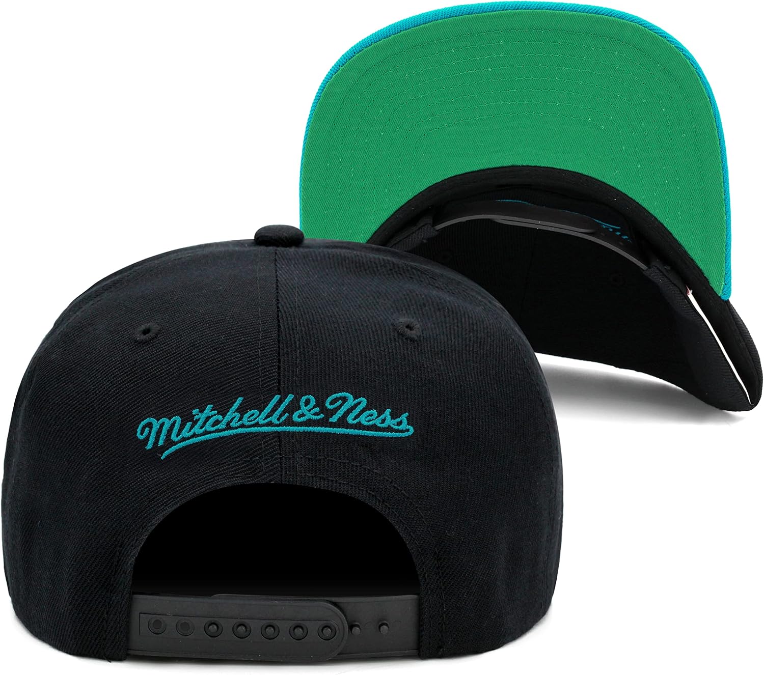 Mitchell & Ness Charlotte Hornets Team Script 2.0 Snapback Hat Adjustable Cap - Black/Teal/Hardwood Classics