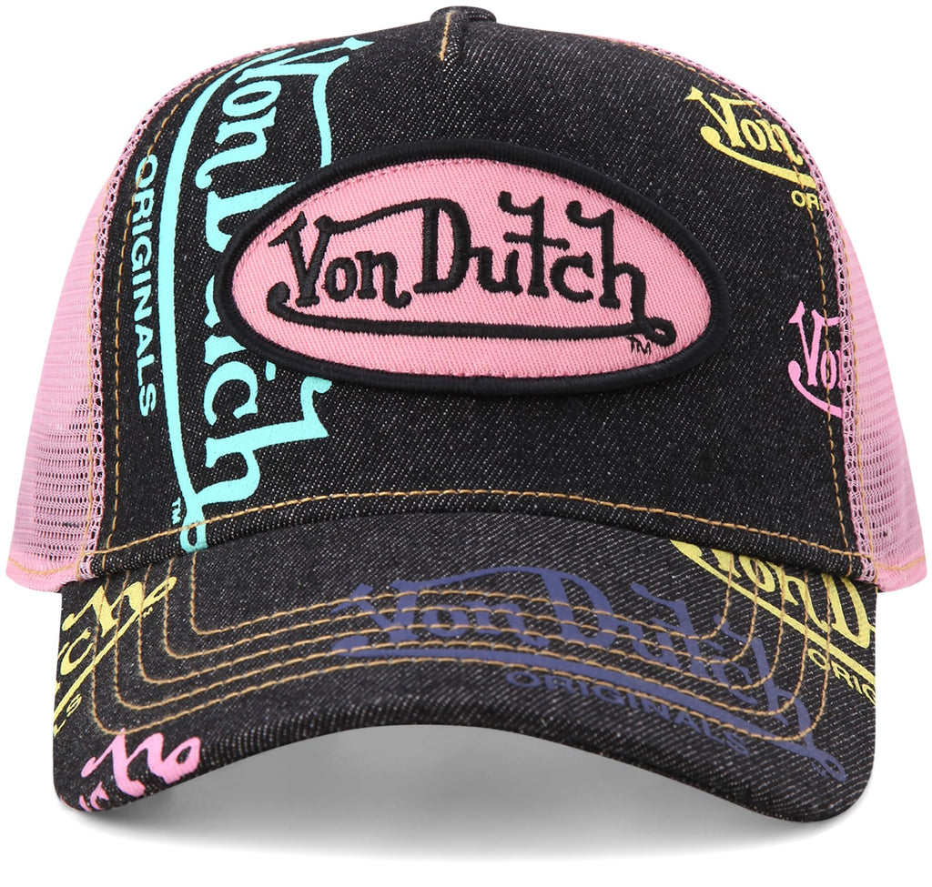 Von Dutch Monogram Trucker Cap - Retro Snapback Cap for Men and Women - Adjustable Snap Fit Panel, Mesh Rear, Curved Bill