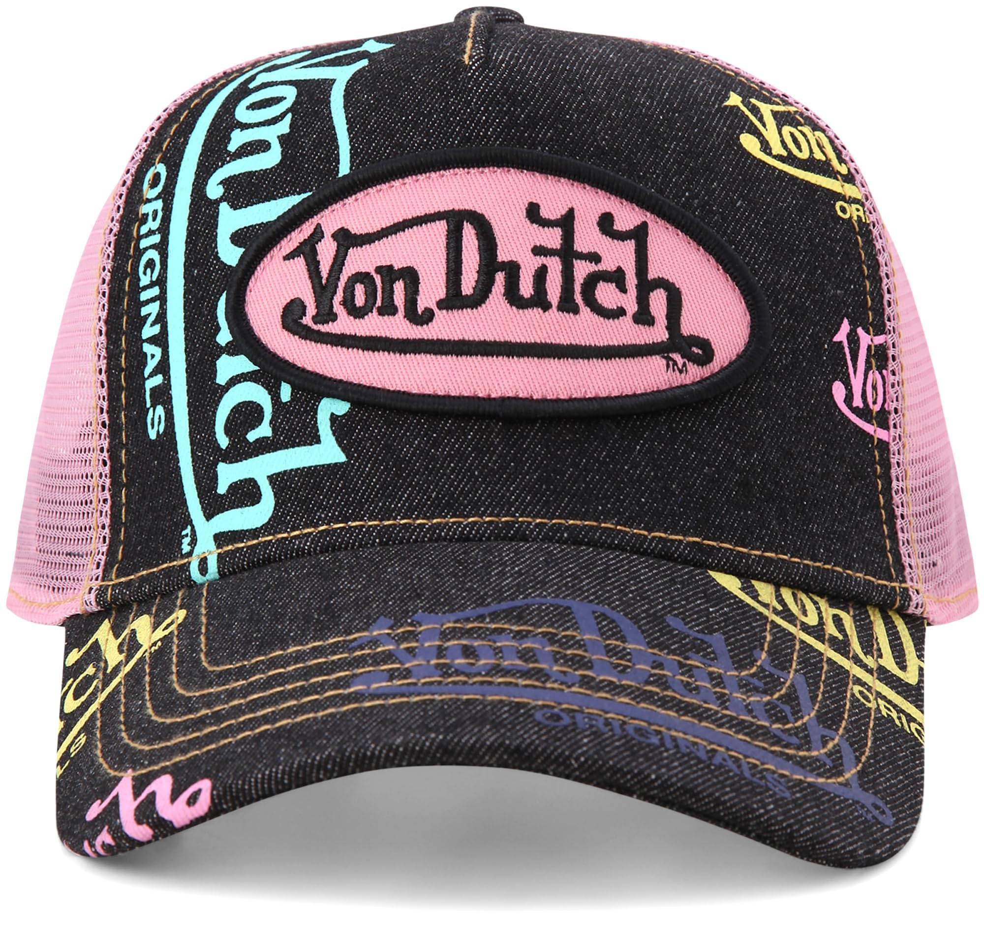 Von Dutch Monogram Trucker Cap - Retro Snapback Cap for Men and Women - Adjustable Snap Fit Panel, Mesh Rear, Curved Bill