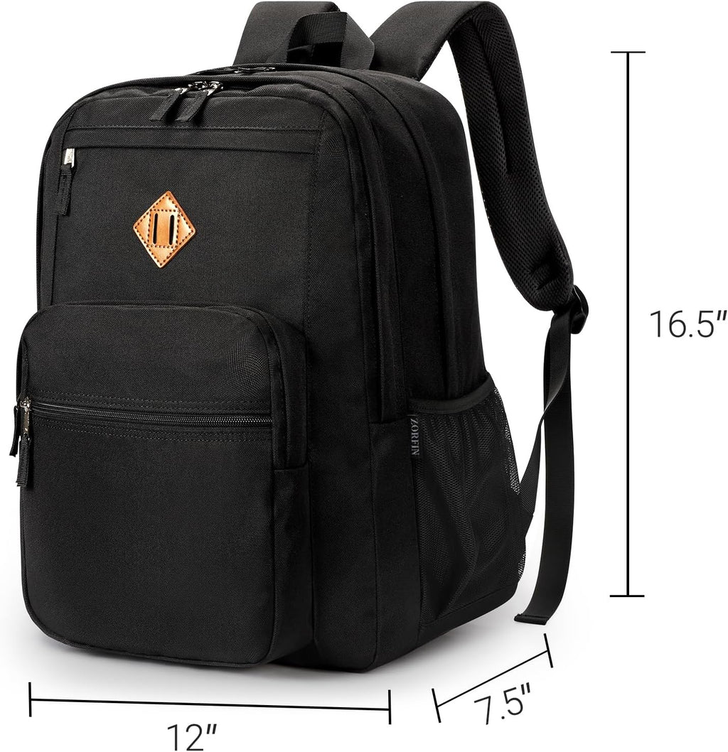 ZORFIN 26L Black Backpack for College, and Travel: Water Resistant Bookbag
