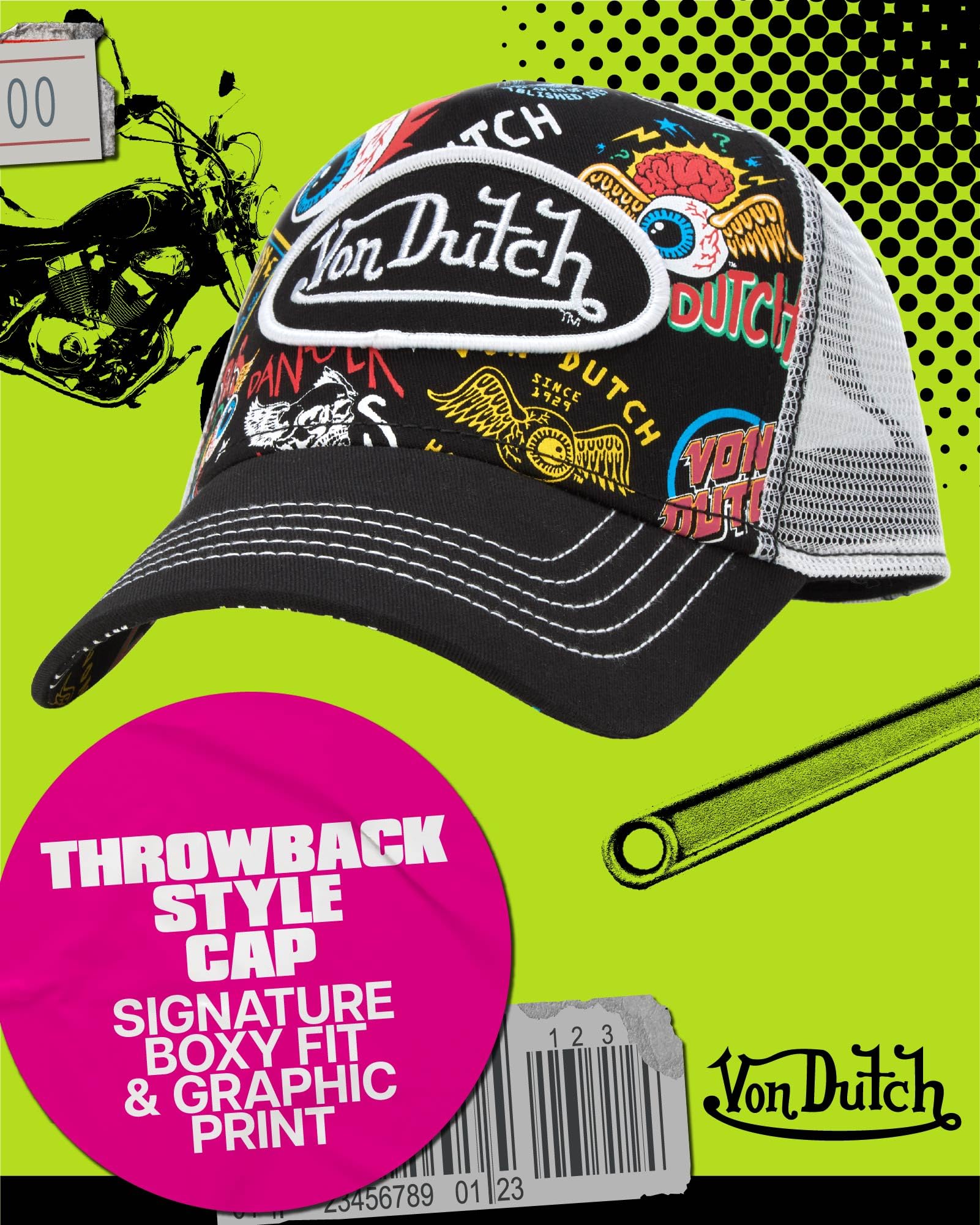Von Dutch Monogram Trucker Cap - Retro Snapback Cap for Men and Women - Adjustable Snap Fit Panel, Mesh Rear, Curved Bill, Size One Size, Black