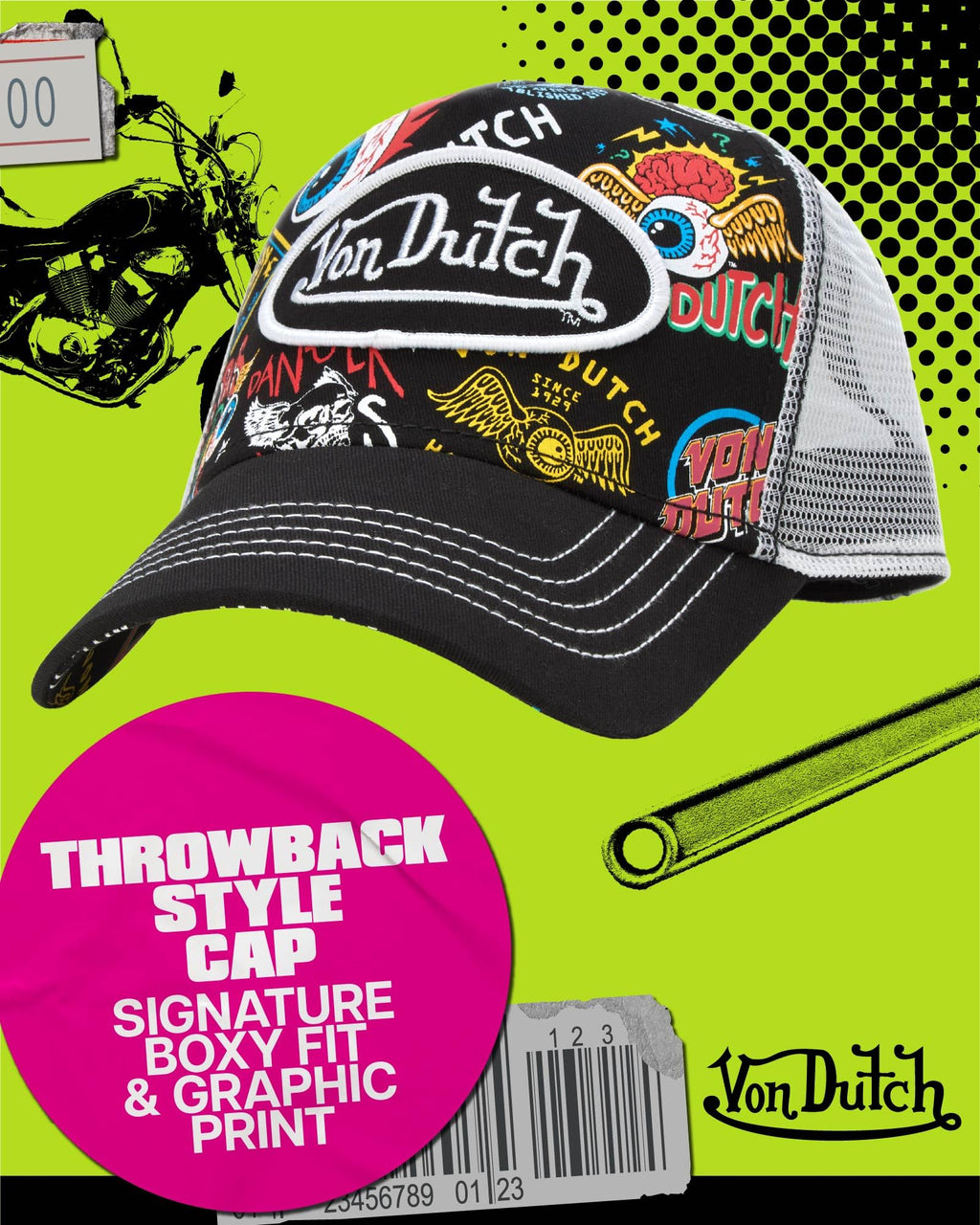 Von Dutch Monogram Trucker Cap - Retro Snapback Cap for Men and Women - Adjustable Snap Fit Panel, Mesh Rear, Curved Bill