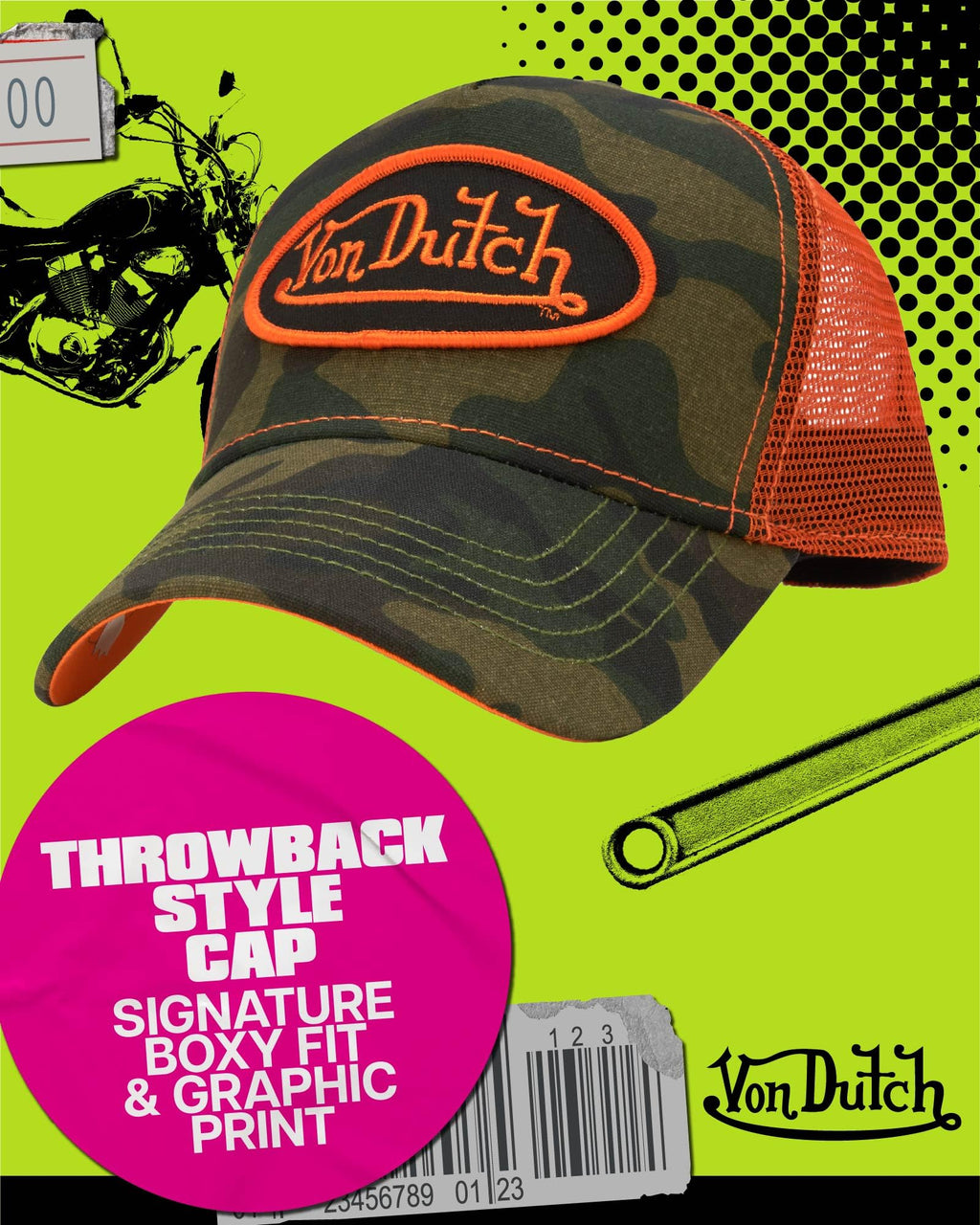 Von Dutch Monogram Trucker Cap - Retro Snapback Cap for Men and Women - Adjustable Snap Fit Panel, Mesh Rear, Curved Bill