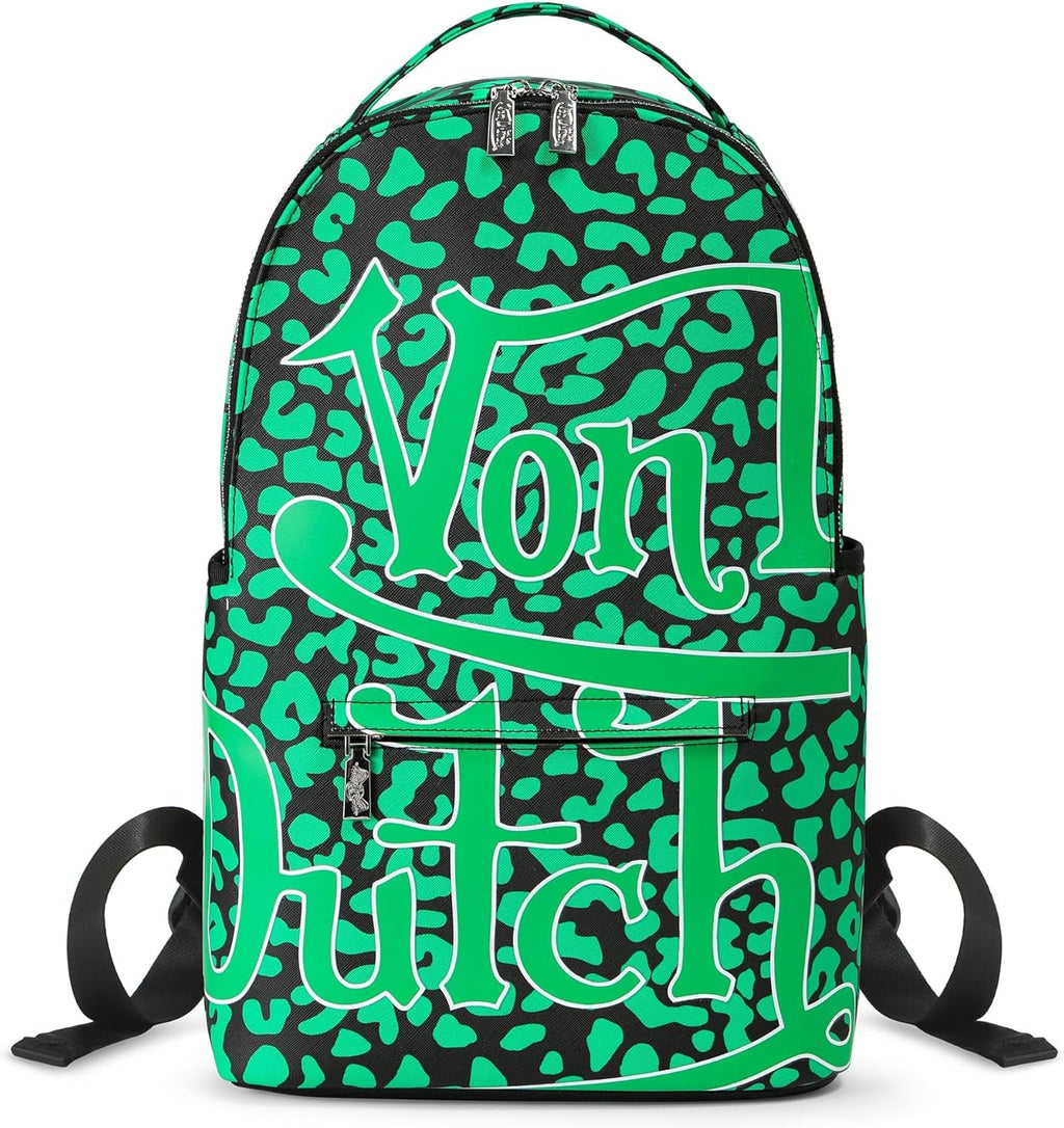 Von Dutch Medium Backpack – Stylish Multi?Purpose Backpack with Front Zip Pocket, Adjustable Straps, and Durable Design (Green Cheetah)