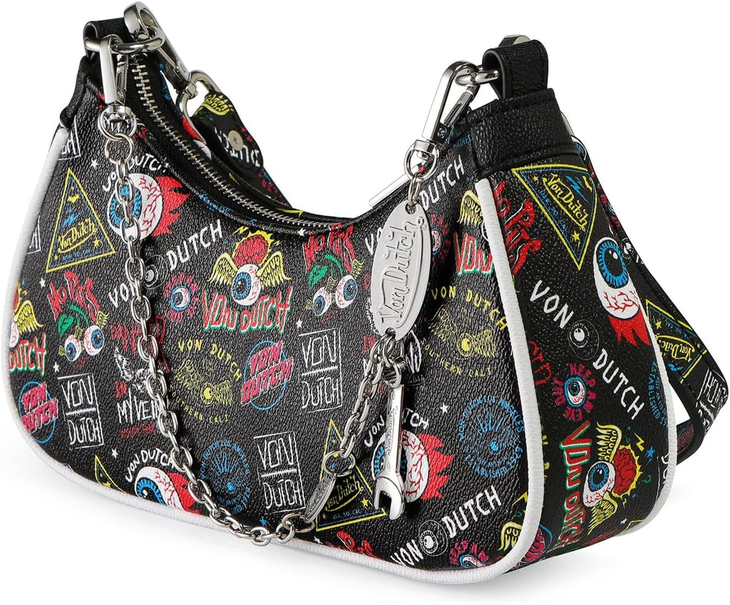Von Dutch Purse Shoulder Bag, Women's Shoulder Handbags Logo Print and Gold or Silver Chain with Wrench Charm