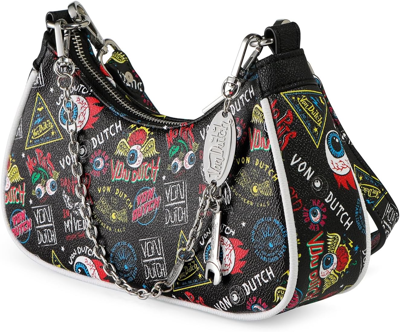 Von Dutch Purse Shoulder Bag, Women's Shoulder Handbags Logo Print and Gold or Silver Chain with Wrench Charm