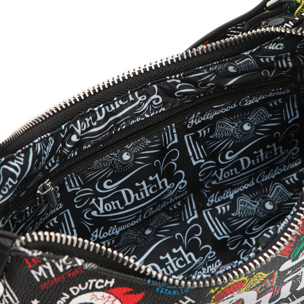Von Dutch Purse Shoulder Bag, Women's Shoulder Handbags Logo Print and Gold or Silver Chain with Wrench Charm