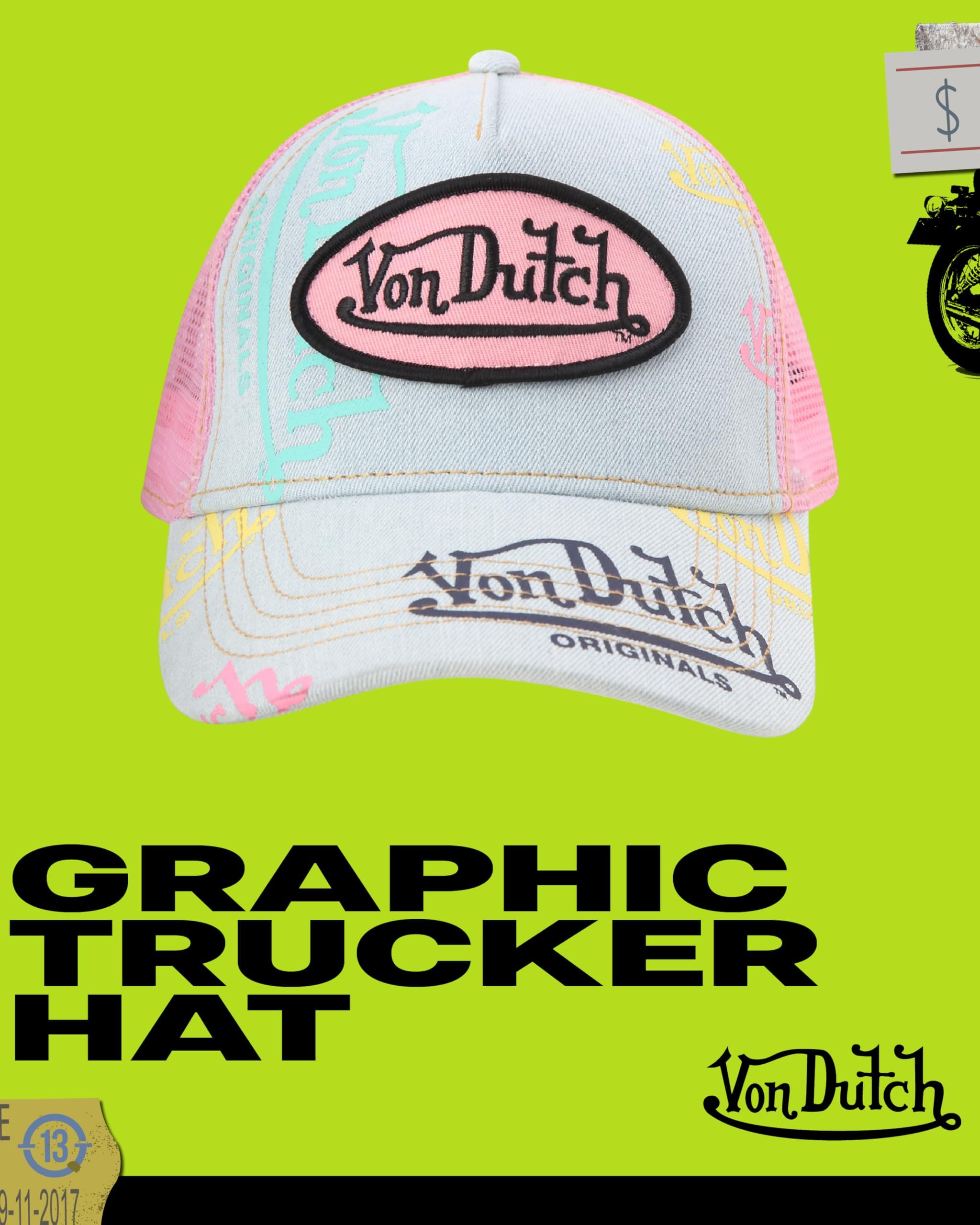 Von Dutch Monogram Trucker Cap - Retro Snapback Cap for Men and Women - Adjustable Snap Fit Panel, Mesh Rear, Curved Bill