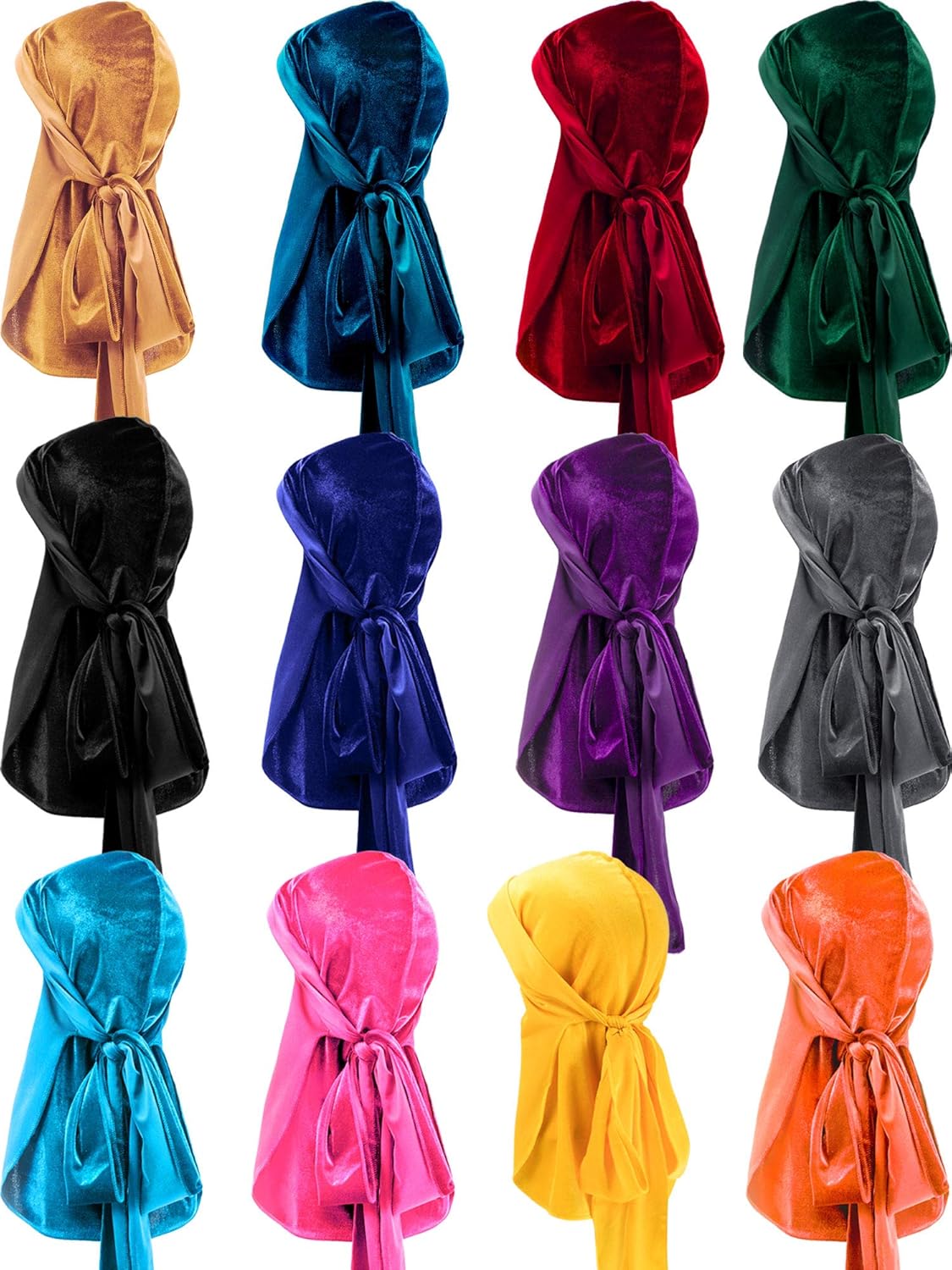 12 Pieces Velvet Durags Caps Wide Strap Headwraps Long Tail Turban Beanies for 360 Wave Men Women (Multicoloured)