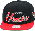 Mitchell & Ness Atlanta Hawks Team Script 2.0 Snapback Hat Adjustable Cap - Black/Red/Hardwood Classics
