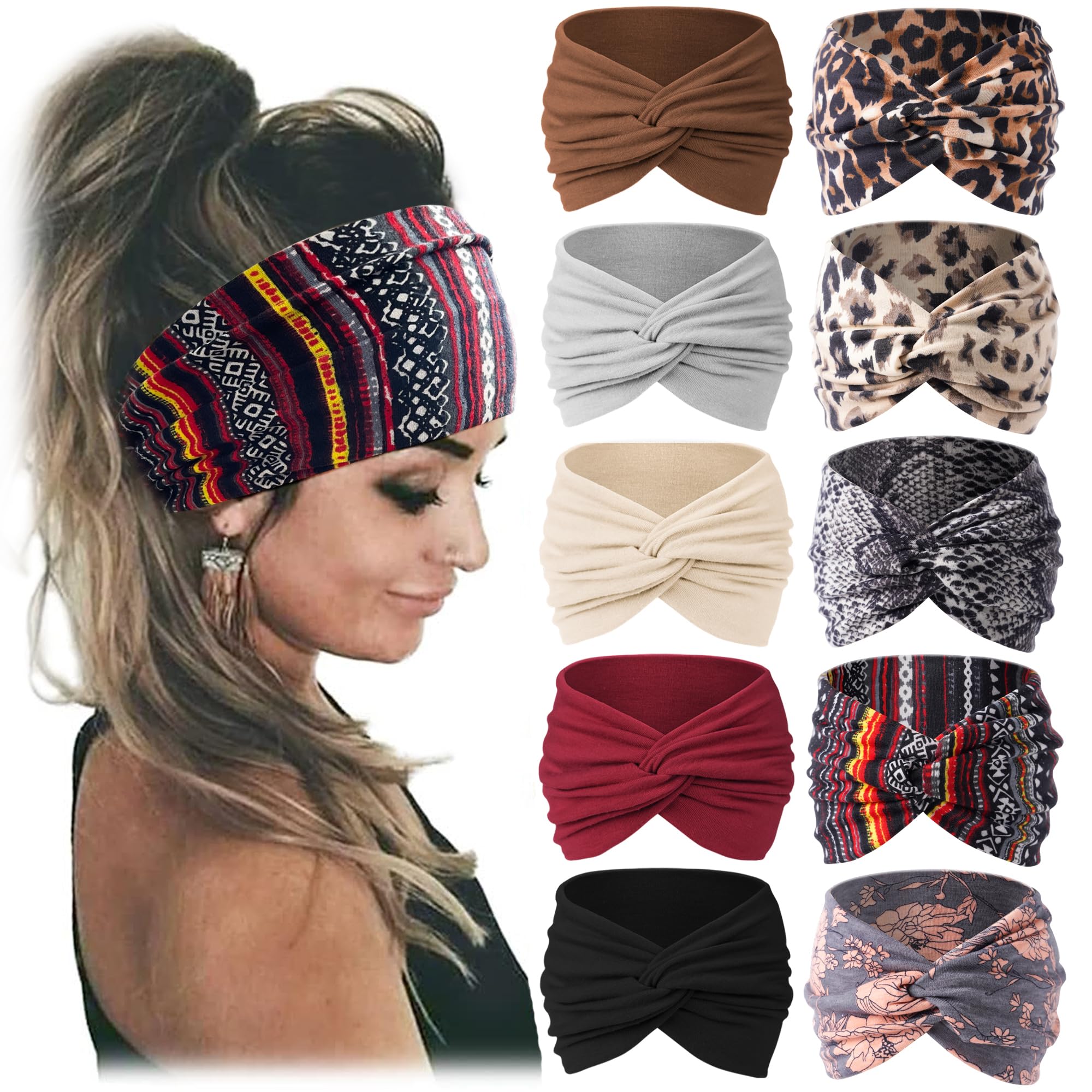 Jesries 10 PCS Women Headbands African Wide Hair Wrap Extra Turban Head Bands for Lady Large Sport Workout Stretch Non-slip Big Hair Bands