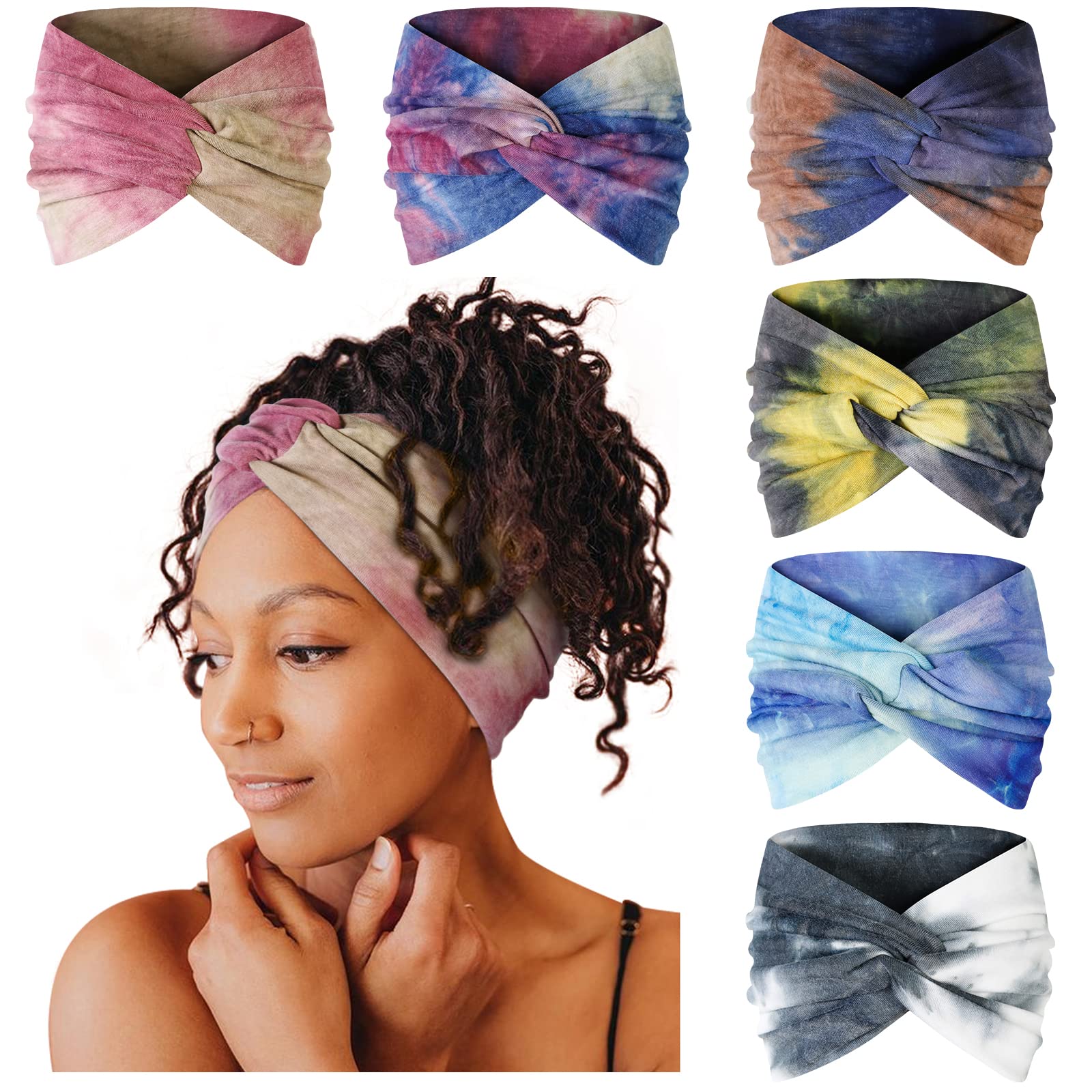 Tobeffect 7'' Extra Wide Headbands for Women, Large Thick Turban Head Wrap Headband, Boho Bandana Head Bands for Women's Hair, Non Slip Workout Yoga Hairband Hair Accessories, 6 Pack