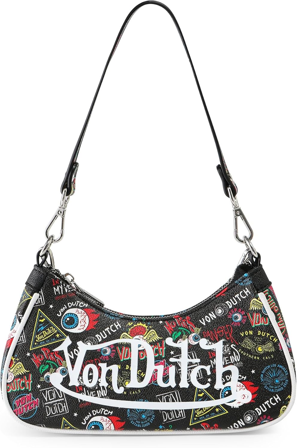 Von Dutch Purse Shoulder Bag, Women's Shoulder Handbags Logo Print and Gold or Silver Chain with Wrench Charm