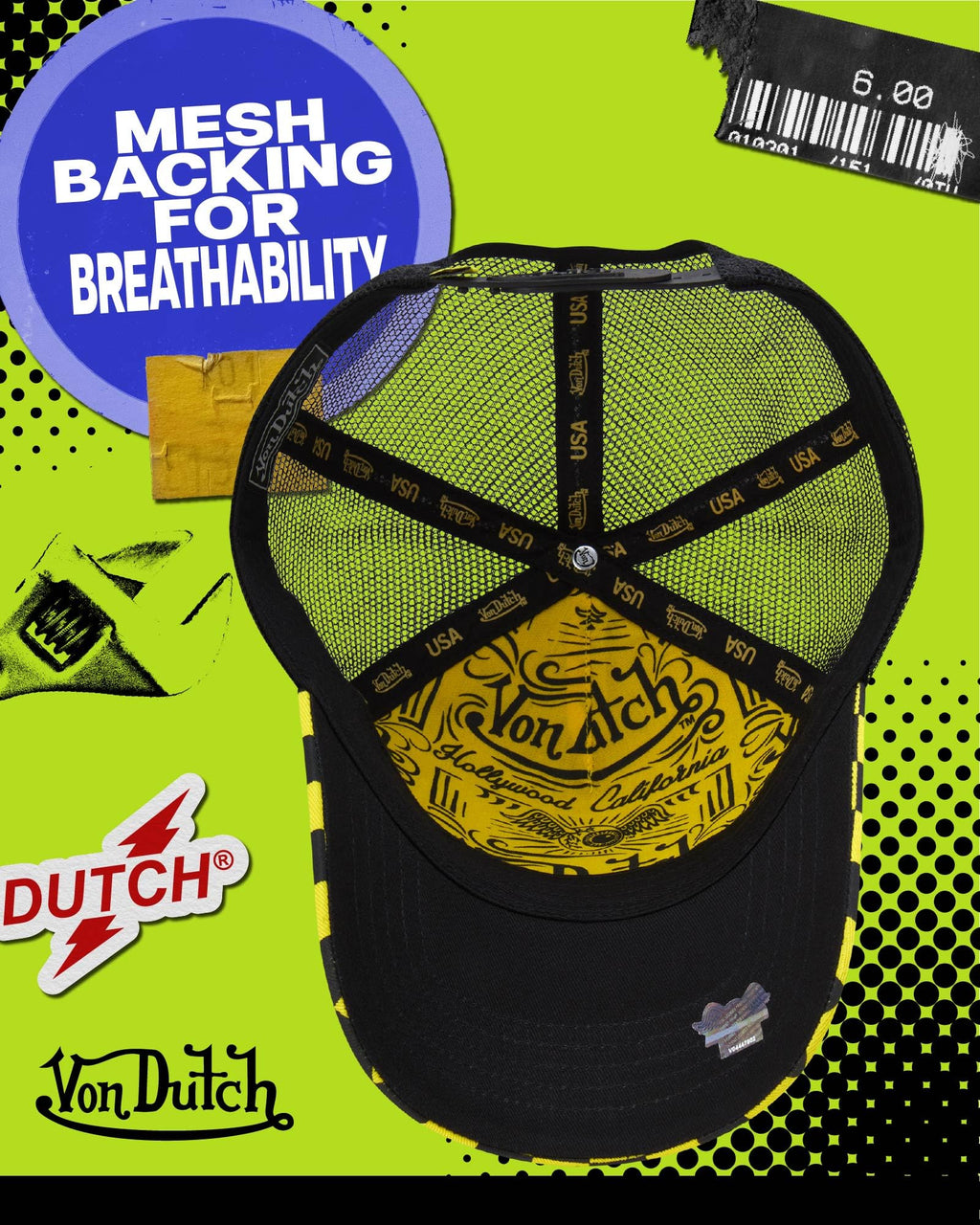 Von Dutch Monogram Trucker Cap - Retro Snapback Cap for Men and Women - Adjustable Snap Fit Panel, Mesh Rear, Curved Bill
