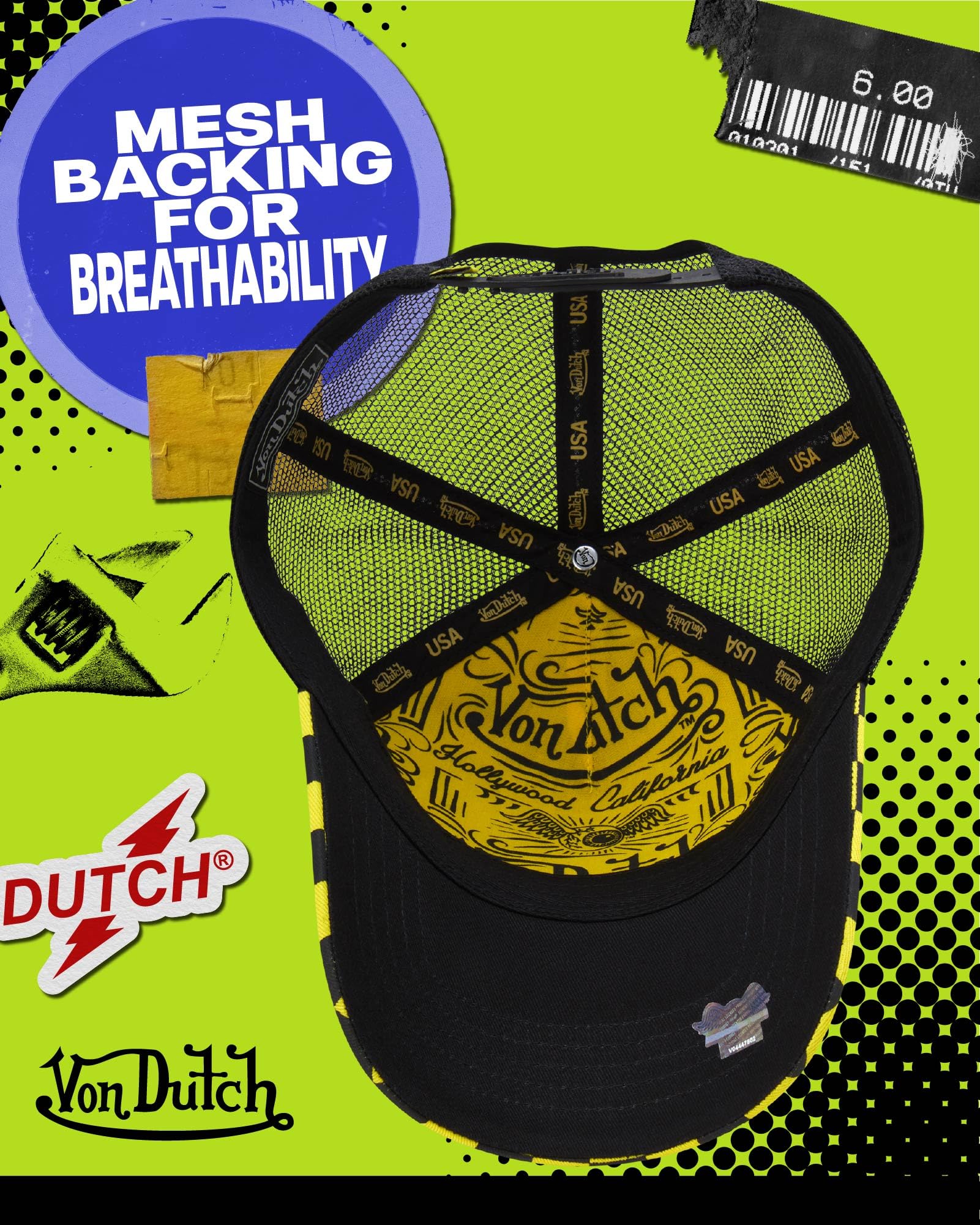 Von Dutch Monogram Trucker Cap - Retro Snapback Cap for Men and Women - Adjustable Snap Fit Panel, Mesh Rear, Curved Bill