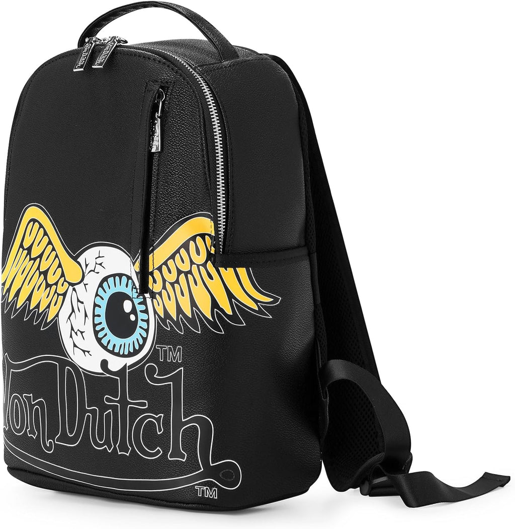 Von Dutch Small Backpack – Stylish Multi‑Purpose Backpack with Front Zip Pocket, Adjustable Straps, and Durable Design (Black Flying Eye)