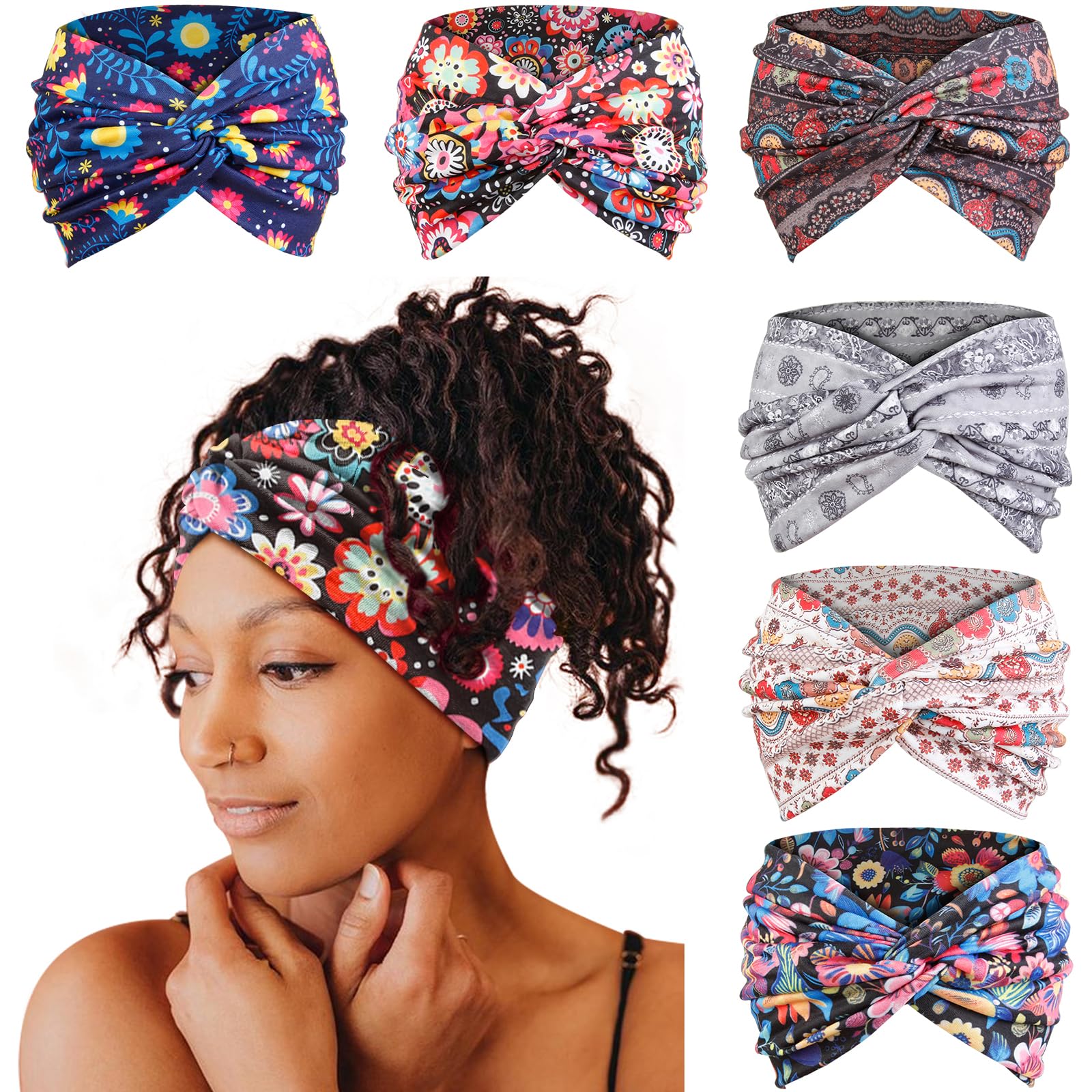 Tobeffect 7'' Extra Wide Headbands for Women, Large Thick Turban Head Wrap Headband, Boho Bandana Head Bands for Women's Hair, Non Slip Workout Yoga Hairband Hair Accessories, 6 Pack