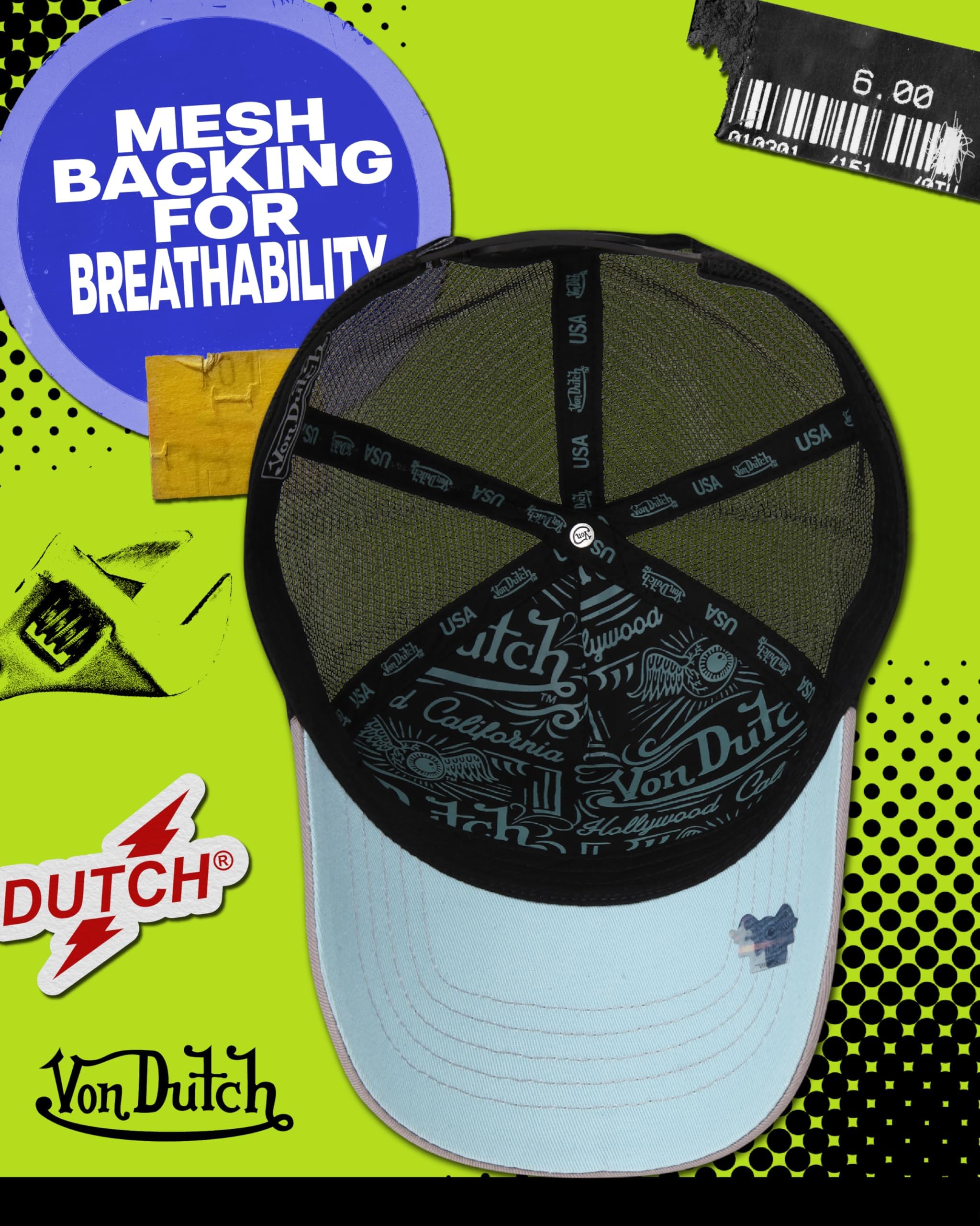 Von Dutch Unisex Trucker Hat - Curved Bill Mesh Back Retro Classic Colorblock Snapback Baseball Cap for Men and Women