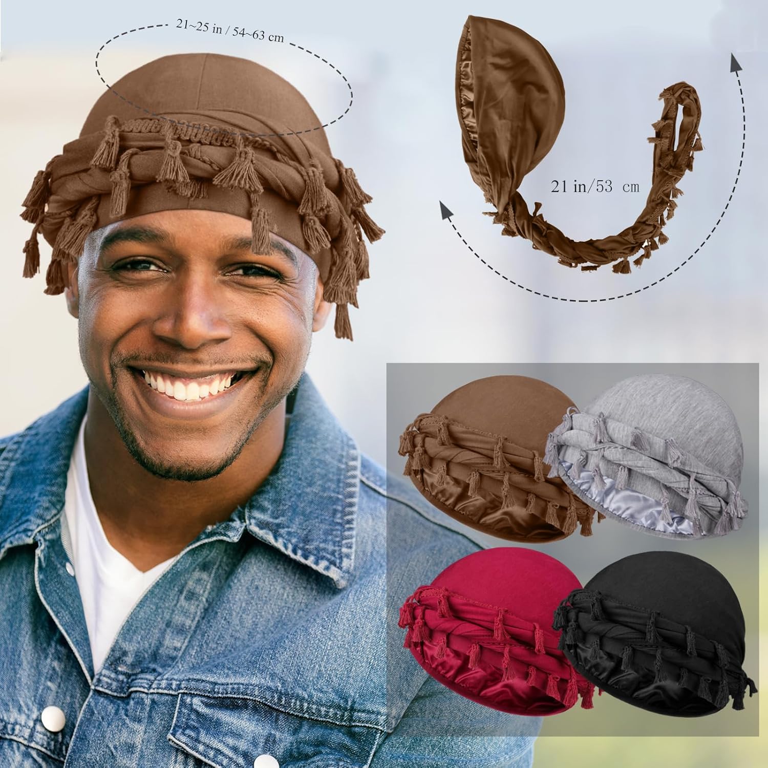 4 Pieces Satin Lined Turban Silky Head Wraps for Men, Mens Turban Head Scarf for Hair
