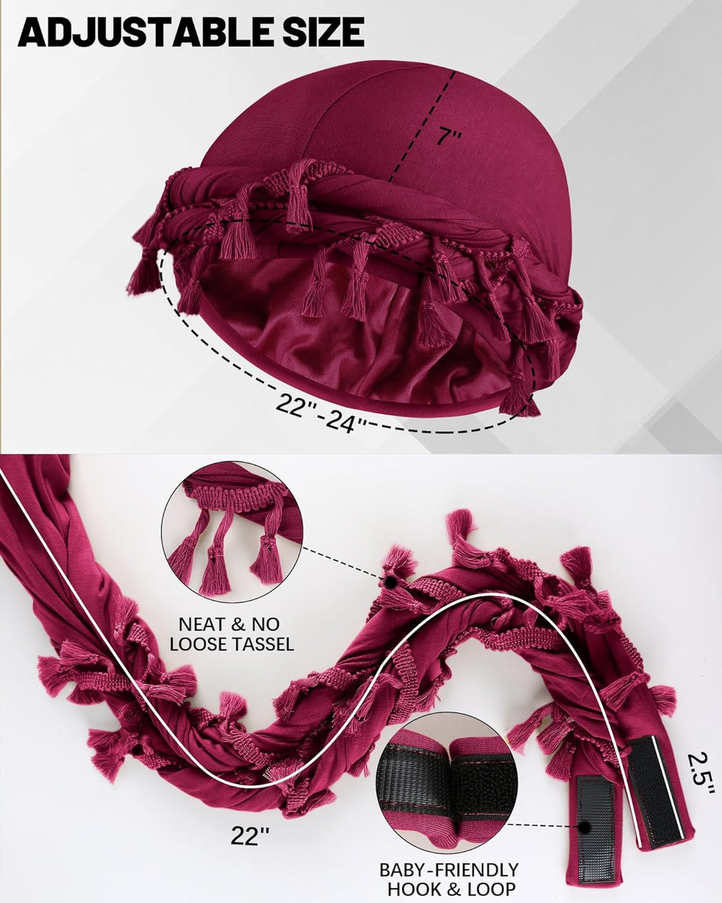 Ababalaya Adjustable Satin Lined Halo Turban Durag for Men &Women Twisted Tassel Head Wraps, Beanie Hats for Hair Losss, Black&Red, 2PCS
