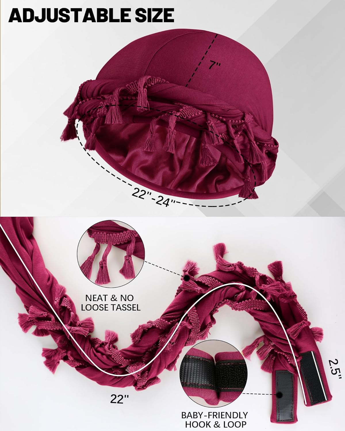 Ababalaya Adjustable Satin Lined Halo Turban Durag for Men &Women Twisted Tassel Head Wraps, Beanie Hats for Hair Losss, Black&Red, 2PCS