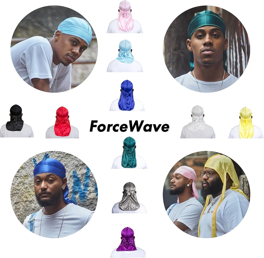 ForceWave 10 Pieces Silky Durags Long Tail for Women Men Satin Durag 360 Wave，Dorag, 10 Pieces