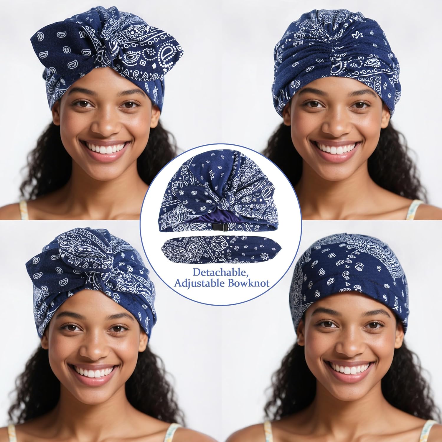Babalet 3PCS Satin Lined Beanies for Women Pre-Tied Bowknot Chemo Headwear Silky Lined Cotton Sleeping Cap