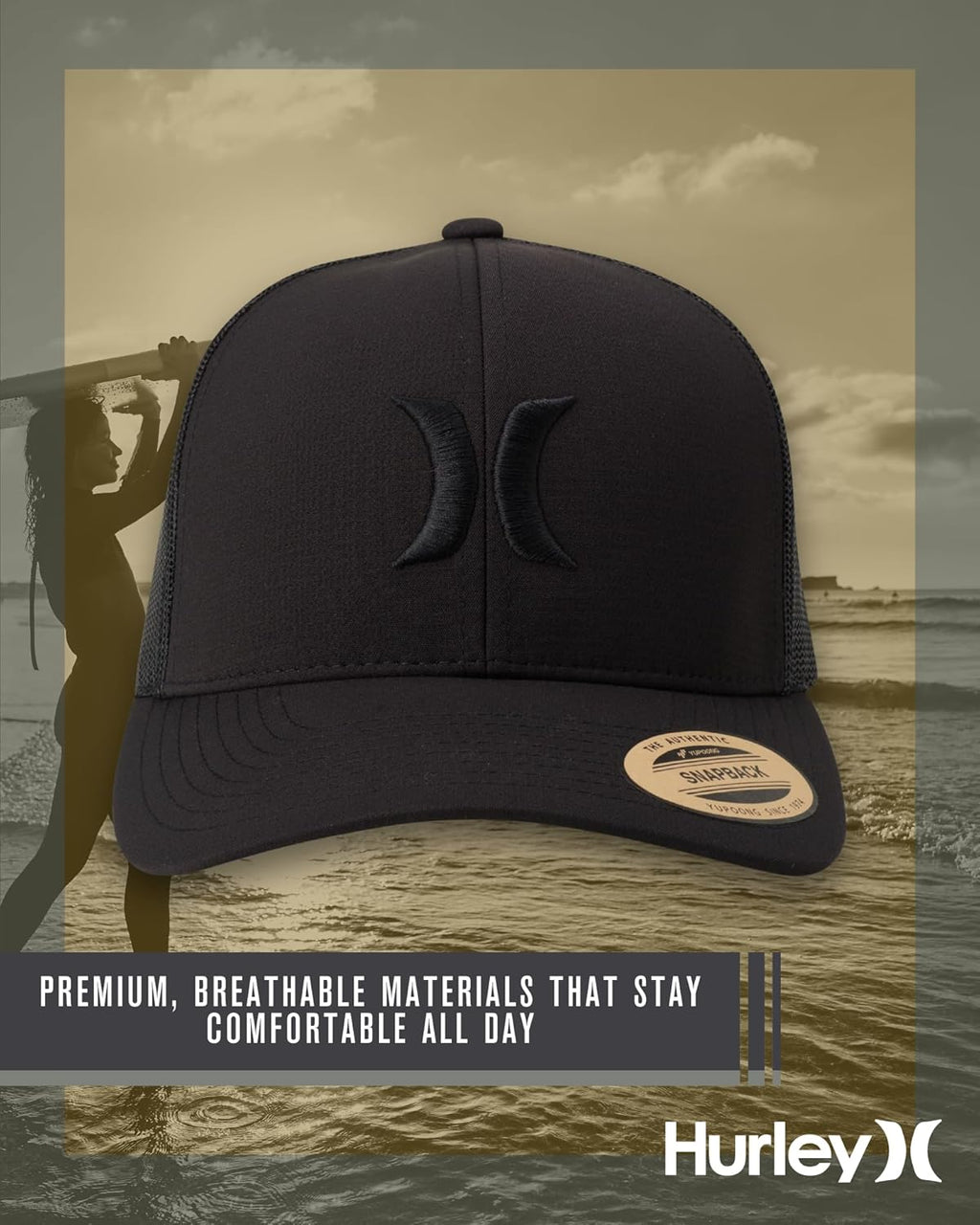 Hurley Mens Caps - Del Mar Mesh Panel Baseball Cap Trucker Hat - Snap Back Hats for Men