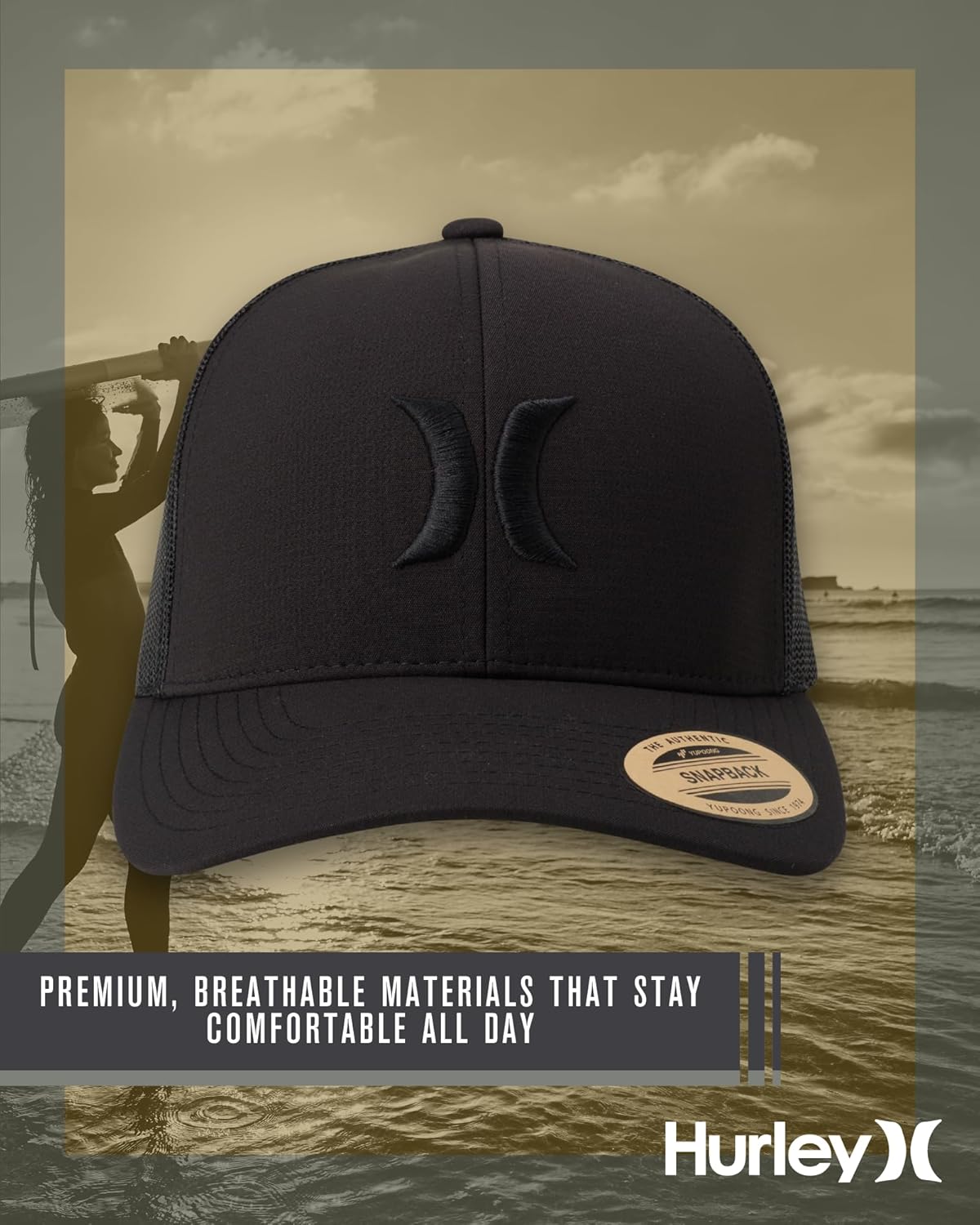 Hurley Mens Caps - Del Mar Mesh Panel Baseball Cap Trucker Hat - Snap Back Hats for Men