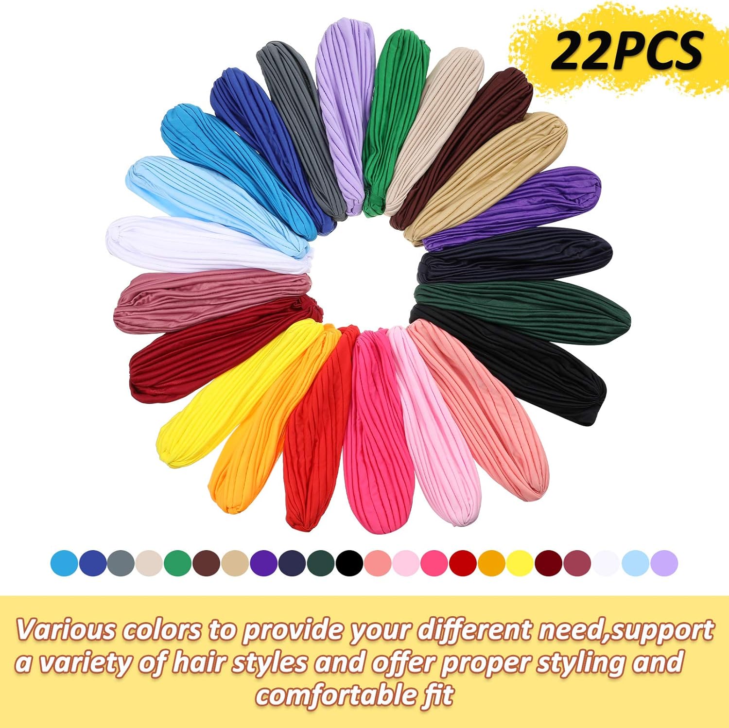 Syhood 22 Pieces Stretch Turbans Chemo Head Wrap Cancer Head Beanie Twisted Turban Cap Cover Hats for Women