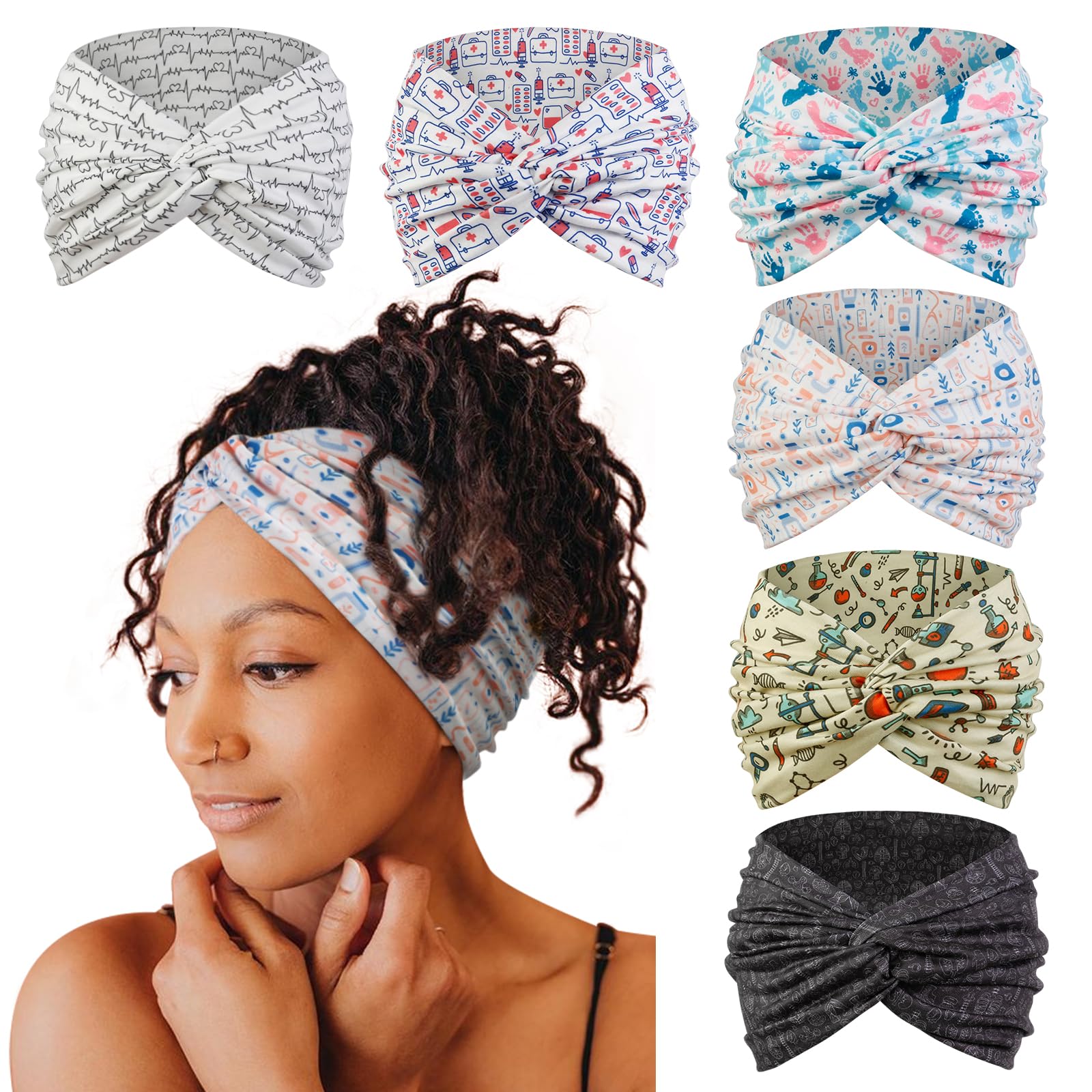 Tobeffect 7'' Extra Wide Headbands for Women, Large Thick Turban Head Wrap Headband, Boho Bandana Head Bands for Women's Hair, Non Slip Workout Yoga Hairband Hair Accessories, 6 Pack