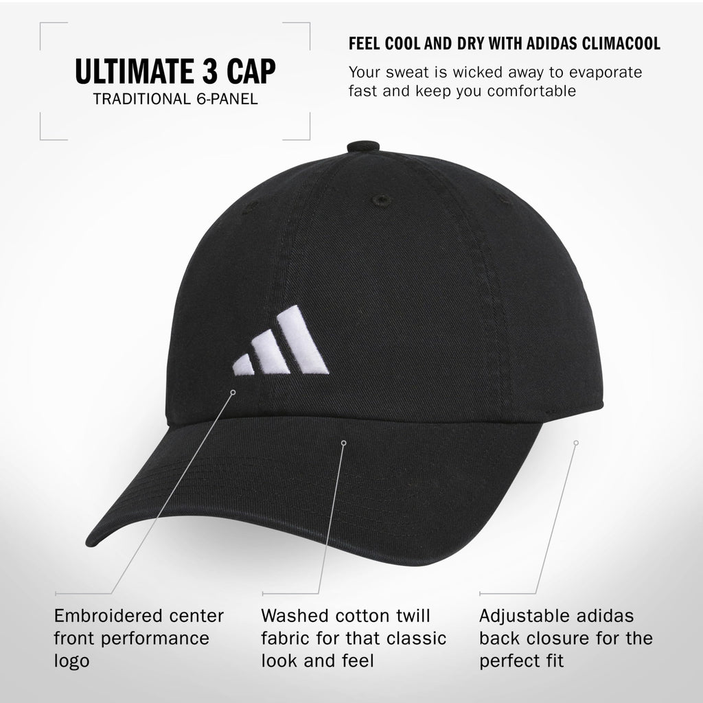 adidas Men's Ultimate Hat Relaxed Crown Adjustable Fit Strapback Cotton Baseball Cap, Black/White