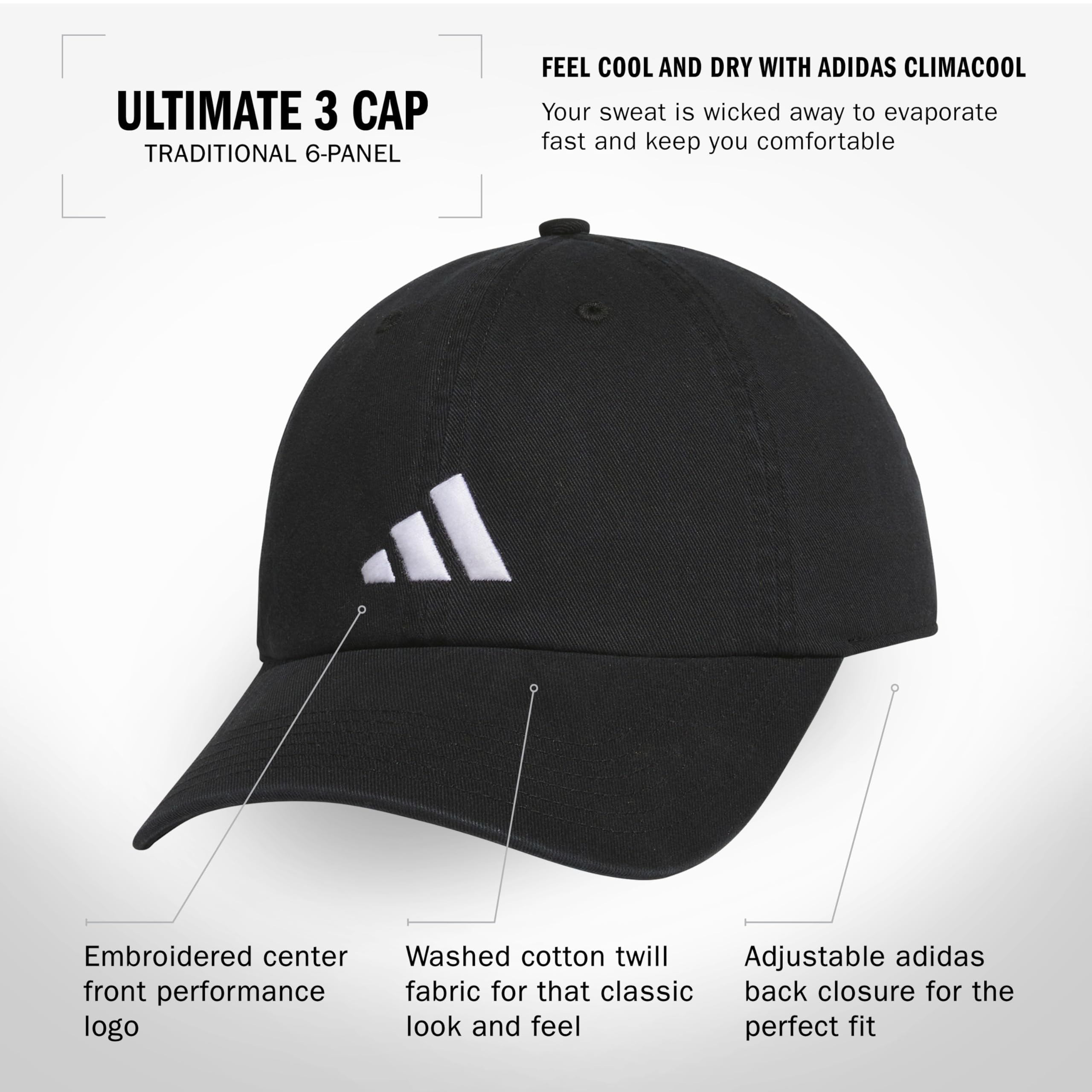 adidas Men's Ultimate Hat Relaxed Crown Adjustable Fit Strapback Cotton Baseball Cap, Black/White