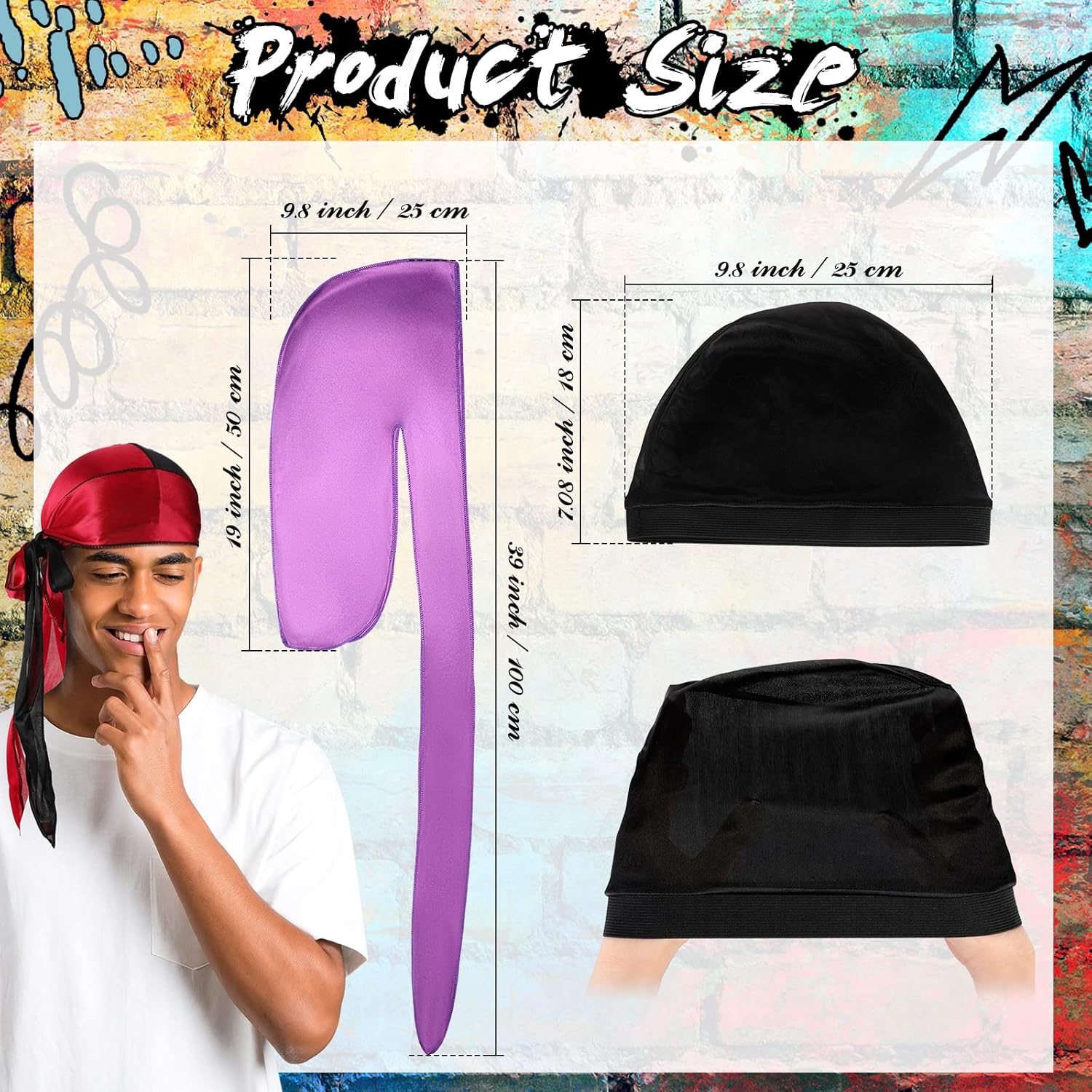 Boyiee 28 Pcs Silky Durags Set Includes 24 Satin Durag for Men Women Long Tail Headwraps with 4 Elastic Wave Cap