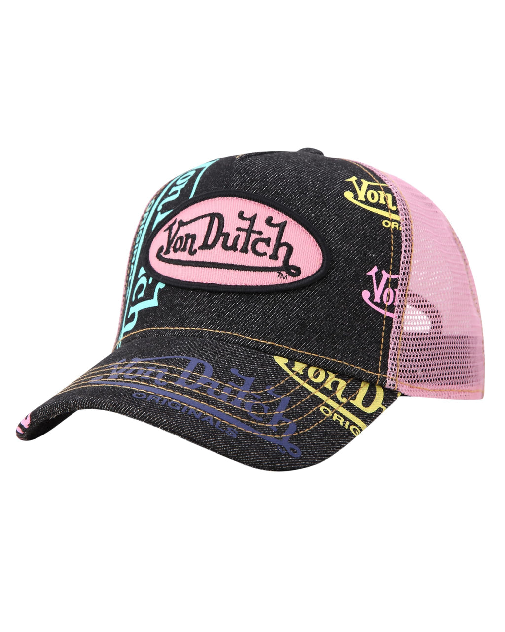 Von Dutch Monogram Trucker Cap - Retro Snapback Cap for Men and Women - Adjustable Snap Fit Panel, Mesh Rear, Curved Bill