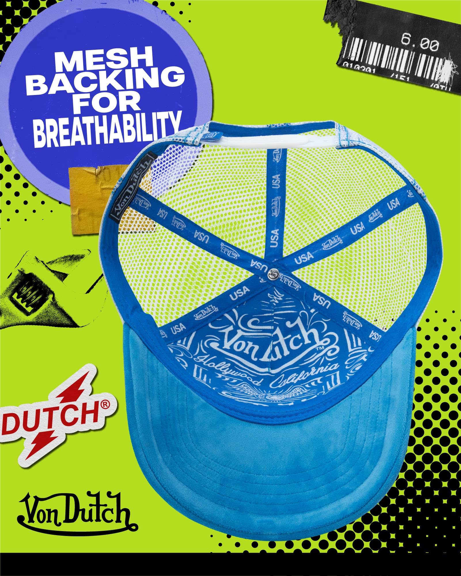 Von Dutch Unisex Trucker Hat - Velvet Curved Bill Mesh Back Retro Classic Adjustable Snapback Baseball Cap for Men and Women, Size One Size, Blue