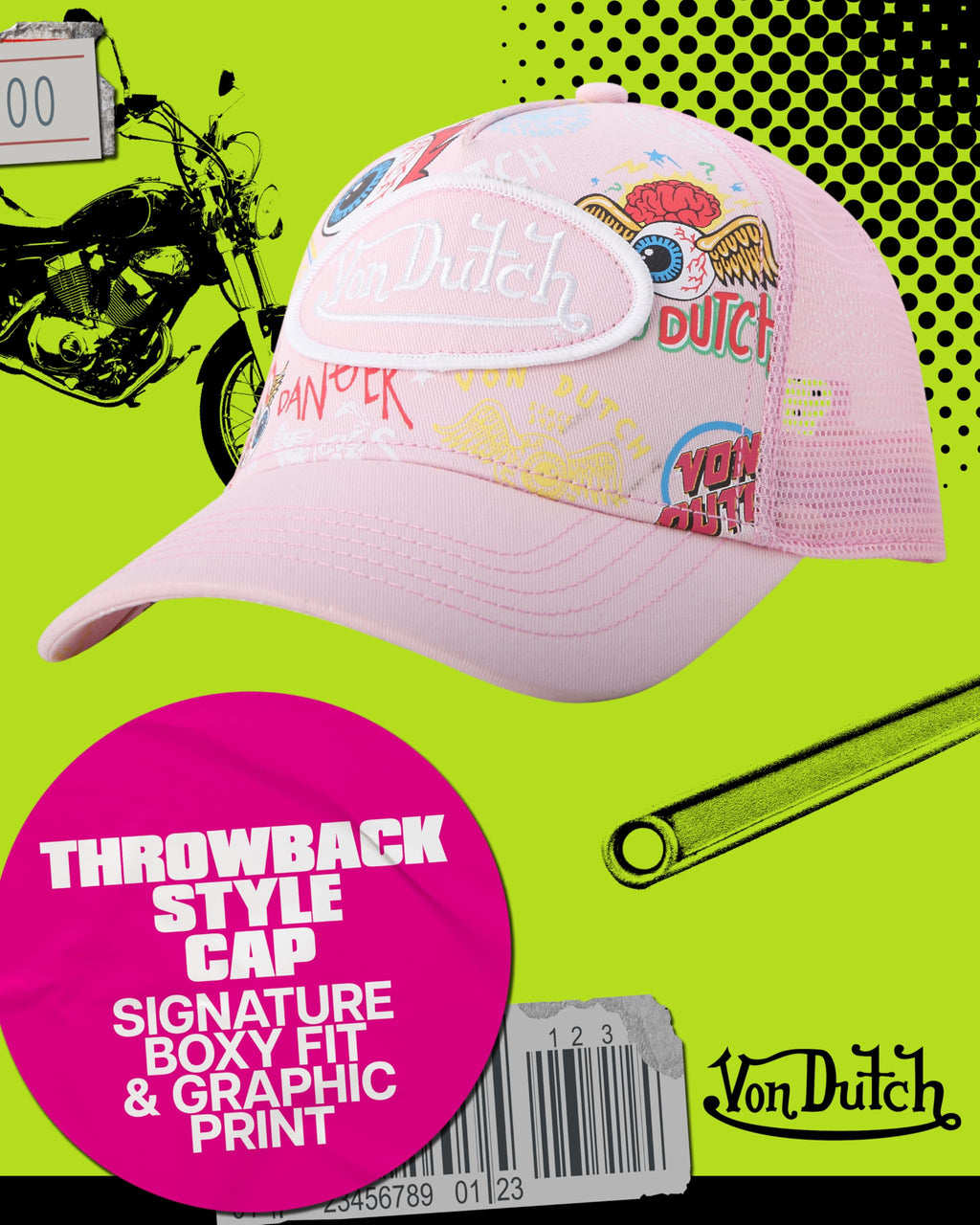 Von Dutch Monogram Trucker Cap - Retro Snapback Cap for Men and Women - Adjustable Snap Fit Panel, Mesh Rear, Curved Bill