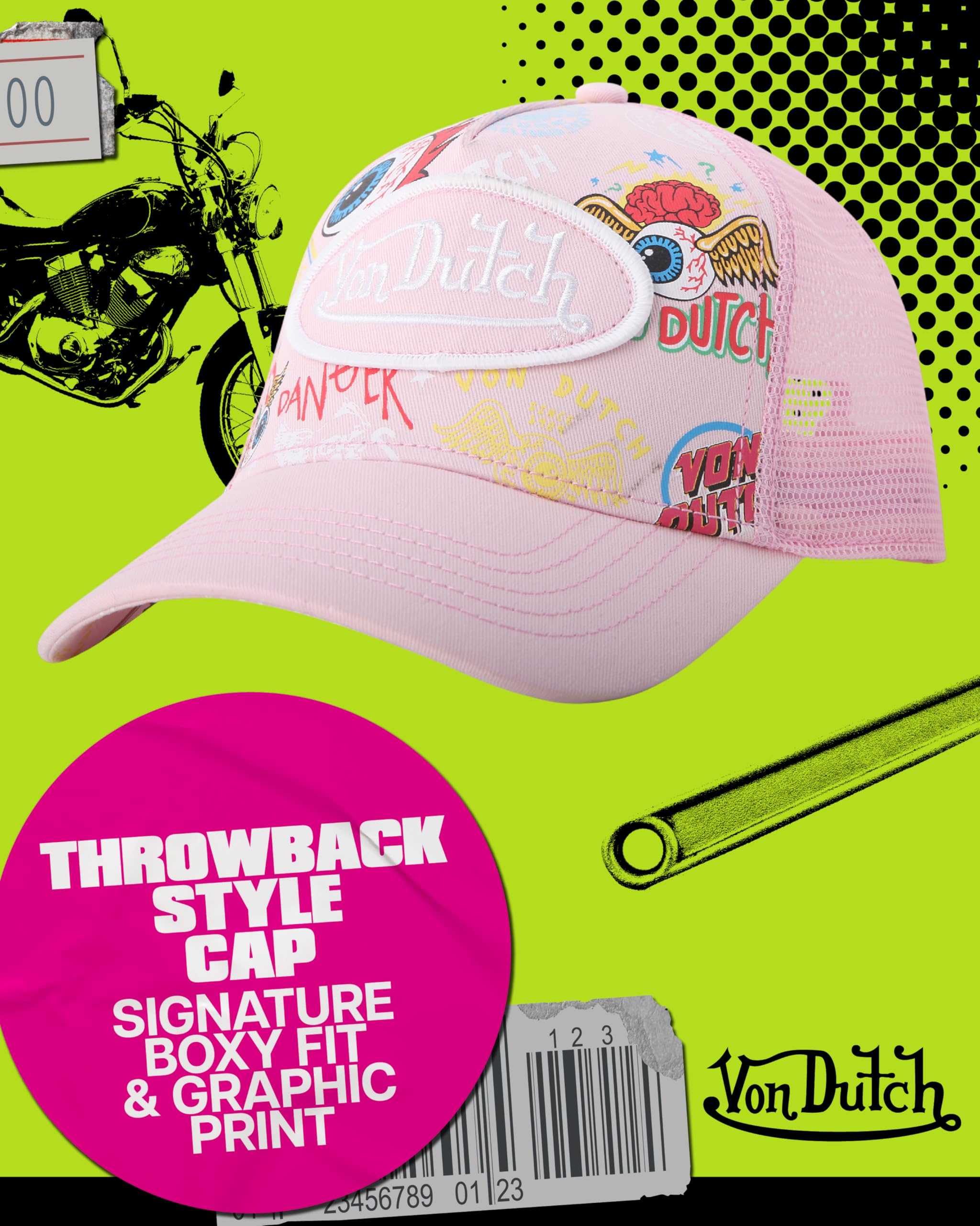 Von Dutch Monogram Trucker Cap - Retro Snapback Cap for Men and Women - Adjustable Snap Fit Panel, Mesh Rear, Curved Bill