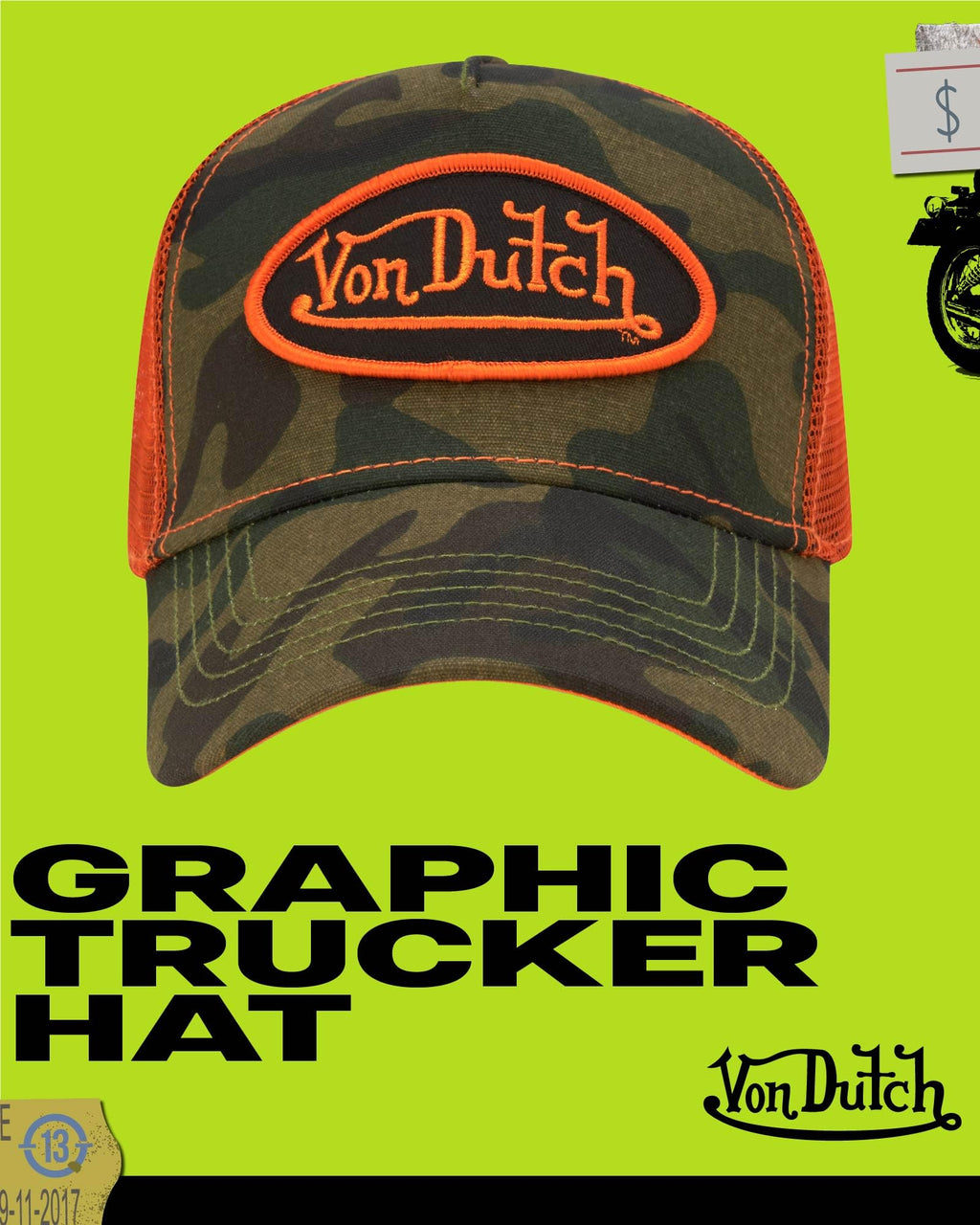 Von Dutch Monogram Trucker Cap - Retro Snapback Cap for Men and Women - Adjustable Snap Fit Panel, Mesh Rear, Curved Bill