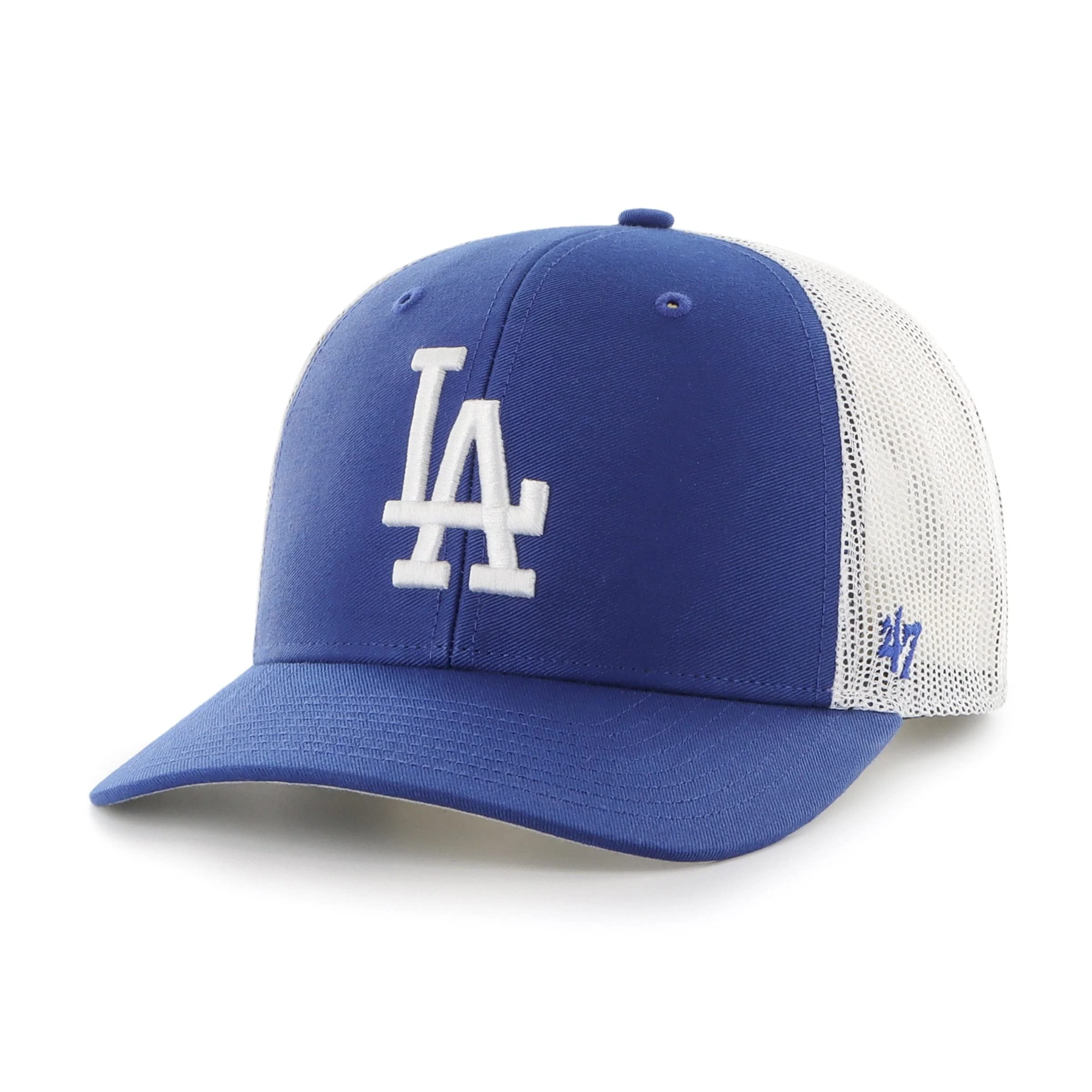 47 MLB Team Color Primary Logo Mesh Trucker Snapback Adjustable Hat Cap, Adult One Size Fits All - Los Angeles Dodgers Blue