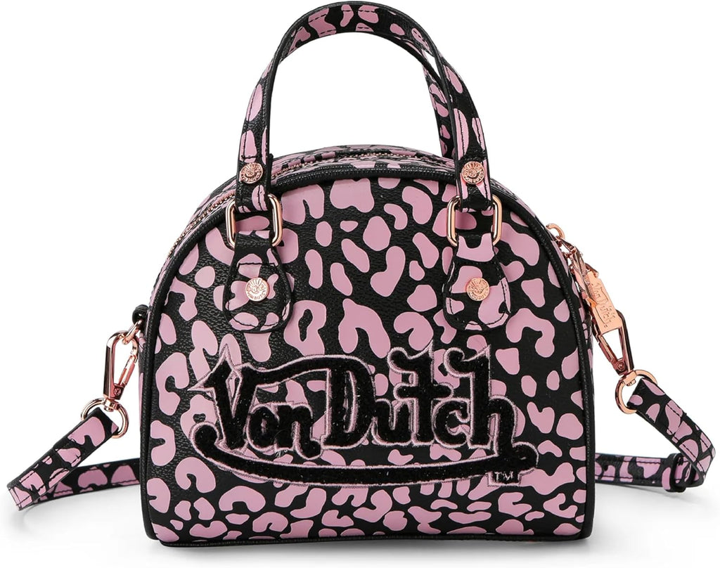 Von Dutch Mini Bowling Bag Cheetah Print | 6.8” Vegan Leather Crossbody with Logo Hardware, Top Handles & Zipper Pouch