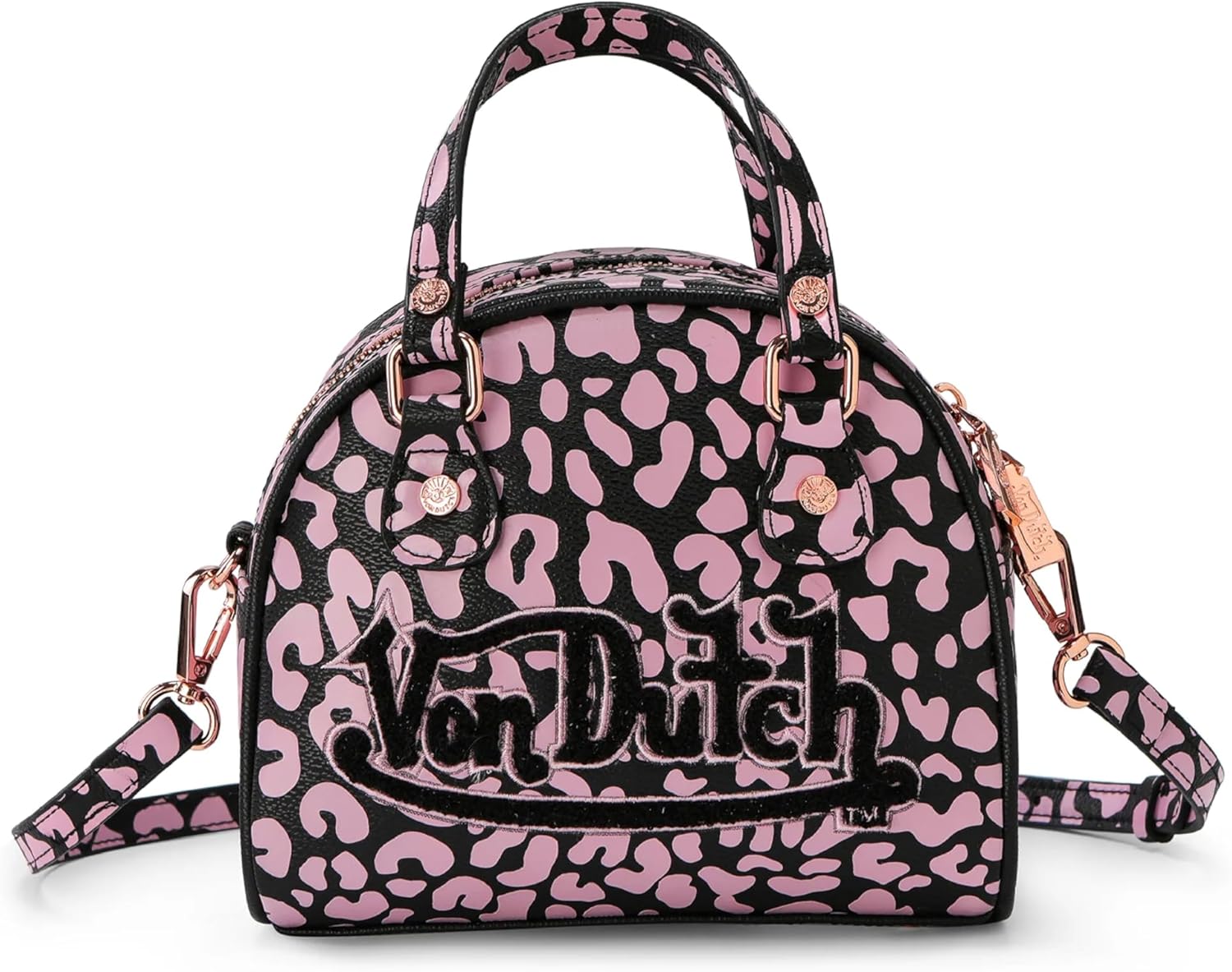 Von Dutch Mini Bowling Bag Cheetah Print | 6.8” Vegan Leather Crossbody with Logo Hardware, Top Handles & Zipper Pouch