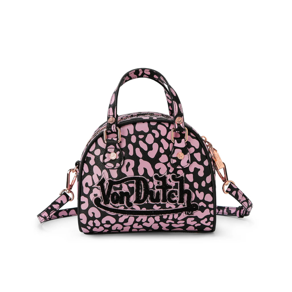 Von Dutch Mini Bowling Bag Cheetah Print | 6.8” Vegan Leather Crossbody with Logo Hardware, Top Handles & Zipper Pouch
