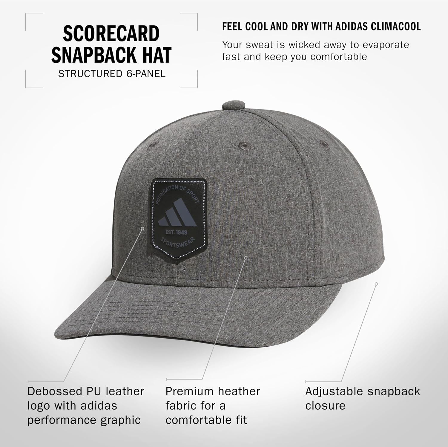 adidas Men's Scorecard High Crown Low Curve Brim Snapback Adjustable Fit Course Style Hat