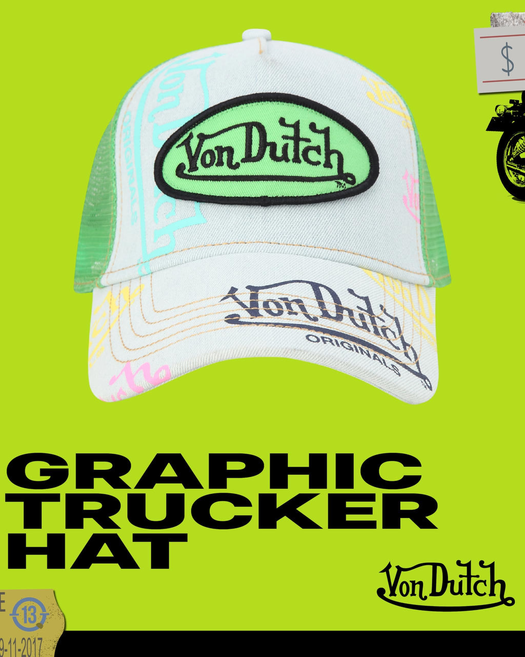 Von Dutch Monogram Trucker Cap - Retro Snapback Cap for Men and Women - Adjustable Snap Fit Panel, Mesh Rear, Curved Bill