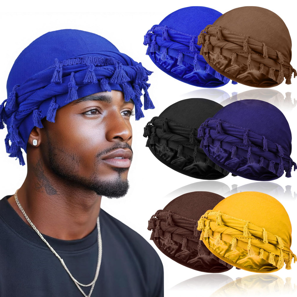 6 Pack Satin Lined Turban for Men, Silky Pre-Tied Head Wraps – Hair Protection Sleep Cap for Waves, Braids