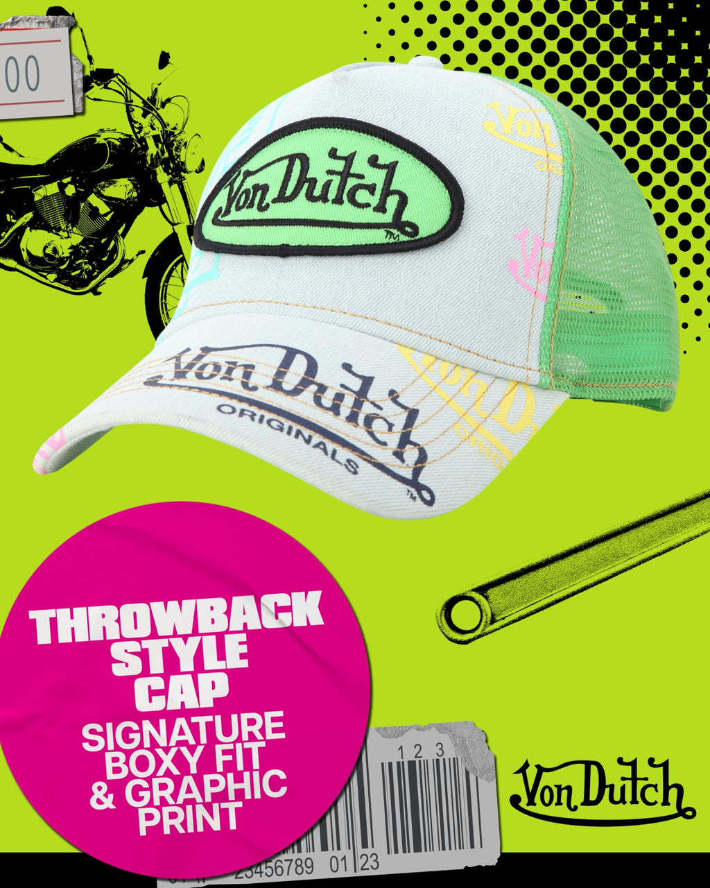Von Dutch Monogram Trucker Cap - Retro Snapback Cap for Men and Women - Adjustable Snap Fit Panel, Mesh Rear, Curved Bill