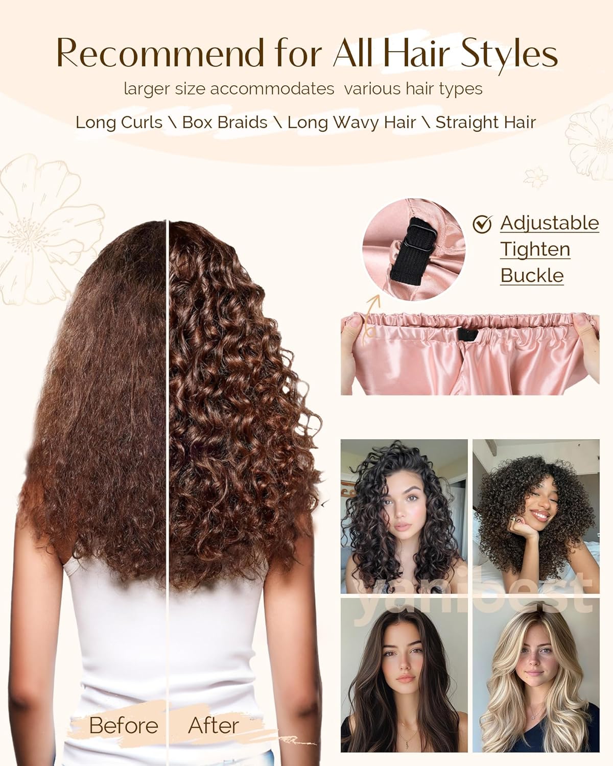 YANIBEST Satin Sleep Bonnet for Natural Hair - Extra Double Layer Long Adjustable Silk Hair Bonnet for Braids, Locs, Curls - Women’s Night Hair Protection Cap