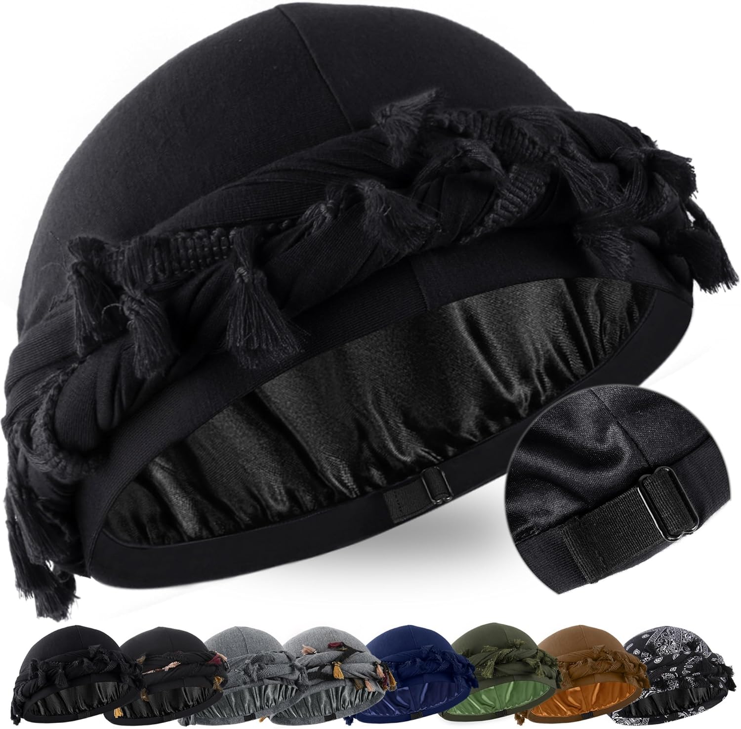 Babalet Halo Turban for Men Women Satin Lined Durag Head Wraps Skull Cap Pre-Tied Tassels Braid Beanie Vintage Twist Bonnet