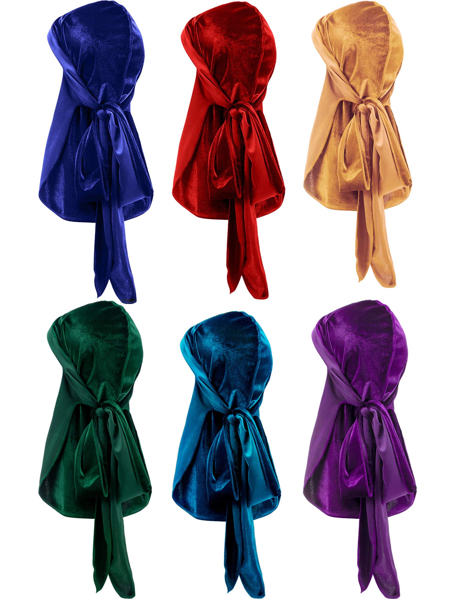 Tatuo 6 Pack Velvet Durag for Men Women, 41 Inch Extra Long Tail, Stretchable Wave Cap for 360/540/720 Waves(Green, Purple, Red, Gold, Blue, Dark)
